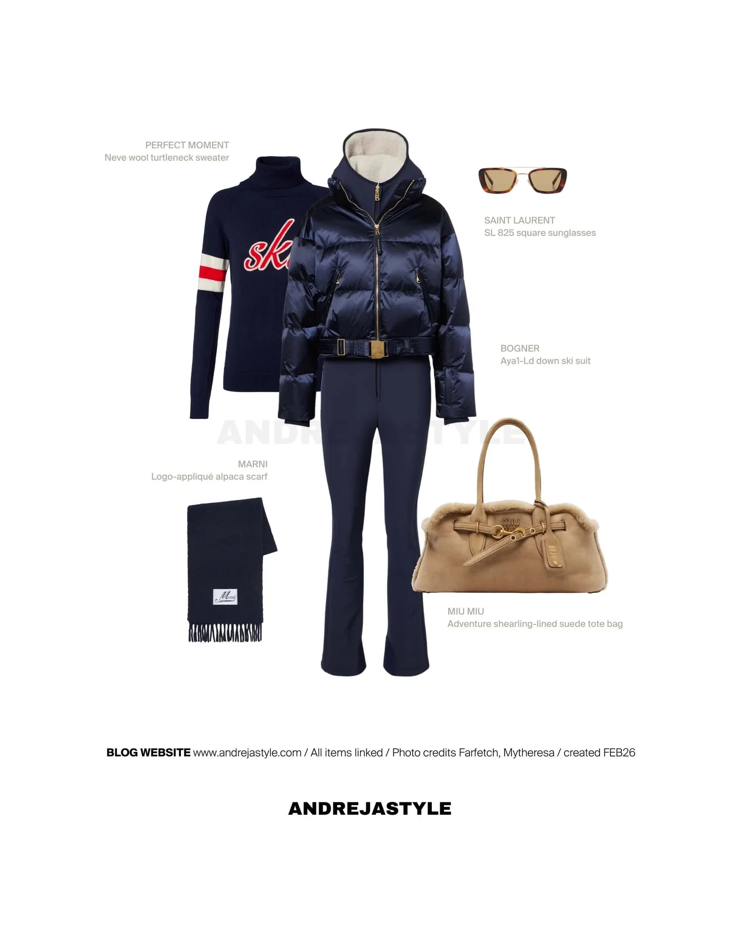 Stilski kolaž z izdelki: BOGNER Aya1-Ld down ski suit, PERFECT MOMENT Neve wool turtleneck sweater, MARNI Logo-appliqué alpaca scarf, MIU MIU Adventure shearling-lined suede tote bag, SAINT LAURENT SL 825 square sunglasses