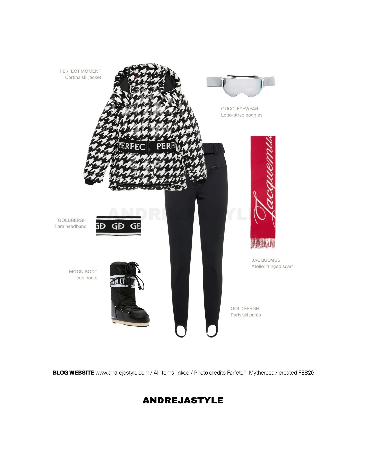 Stilski kolaž z izdelki: PERFECT MOMENT Cortina ski jacket, GOLDBERGH Paris ski pants, GOLDBERGH Tiara headband, MOON BOOT Icon boots, GUCCI EYEWEAR Logo-strap goggles, JACQUEMUS Atelier fringed scarf