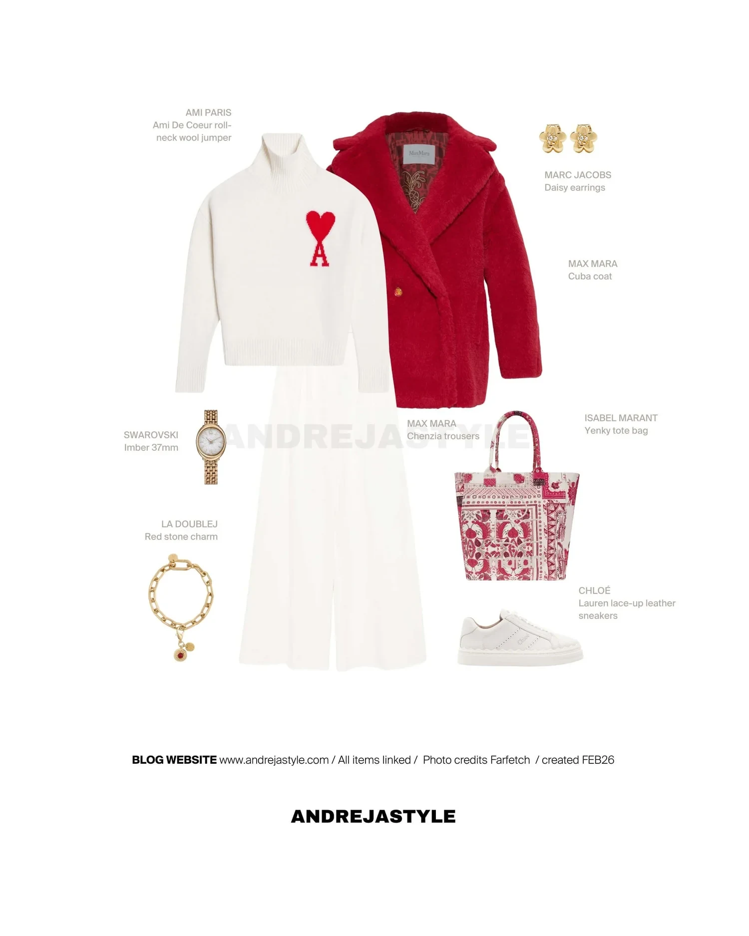 Stilski kolaž z izdelki: AMI PARIS Ami De Coeur roll-neck wool jumper, MAX MARA Cuba coat, MAX MARA Chenzia trousers, ISABEL MARANT Yenky tote bag, CHLOÉ Lauren lace-up leather sneakers, LA DOUBLEJ Red stone charm, MARC JACOBS Daisy earrings, SWAROVSKI Imber 37mm