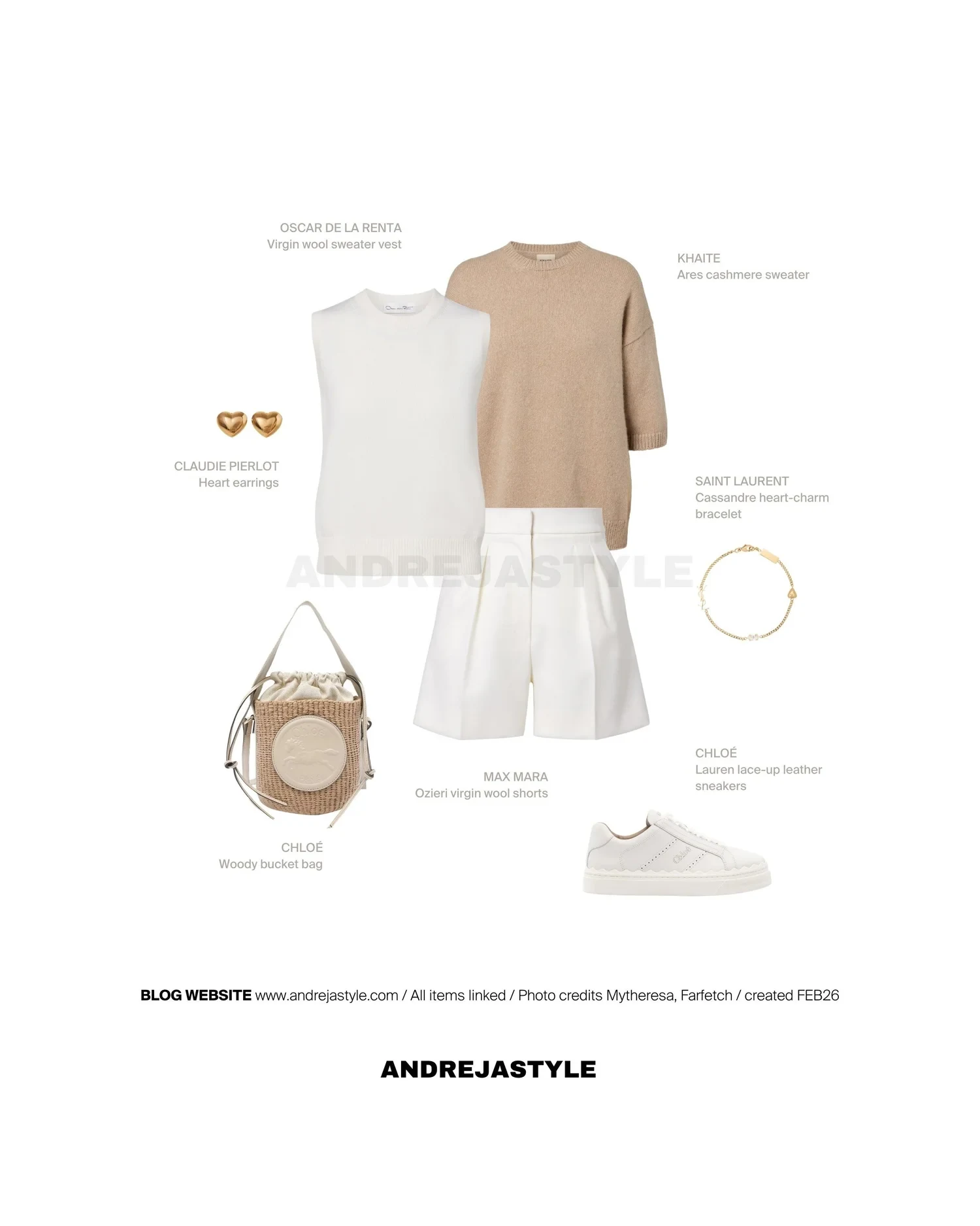 Stilski kolaž z izdelki: OSCAR DE LA RENTA Virgin wool sweater vest, KHAITE Ares cashmere sweater, MAX MARA Ozieri virgin wool shorts, CHLOÉ Lauren lace-up leather sneakers, SAINT LAURENT Cassandre heart-charm bracelet, CLAUDIE PIERLOT Heart earrings