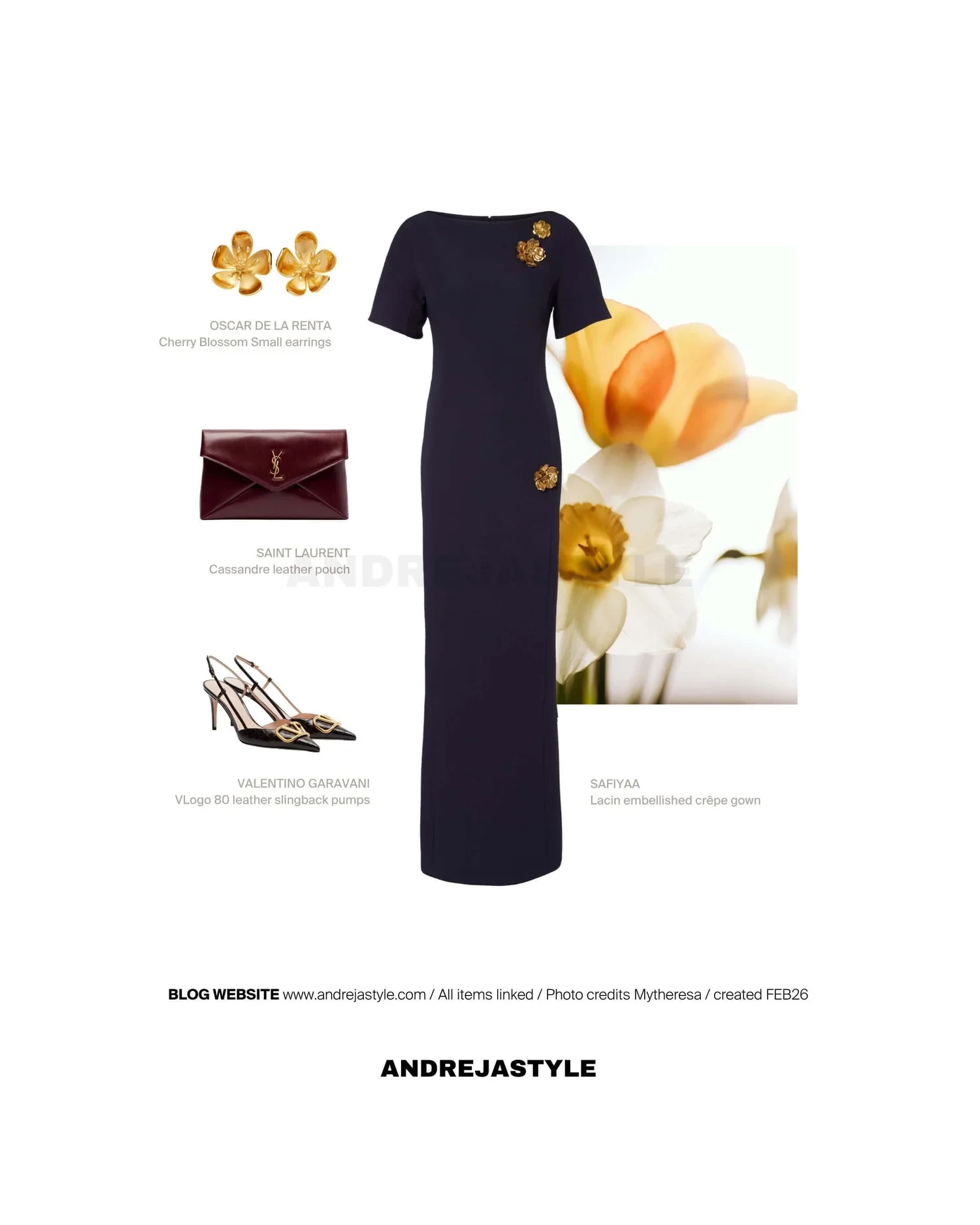 Stilski kolaž z izdelki: SAFIYAA Lacin embellished crêpe gown, OSCAR DE LA RENTA Cherry Blossom Small earrings, SAINT LAURENT Cassandre leather pouch, VALENTINO GARAVANI VLogo 80 leather pump