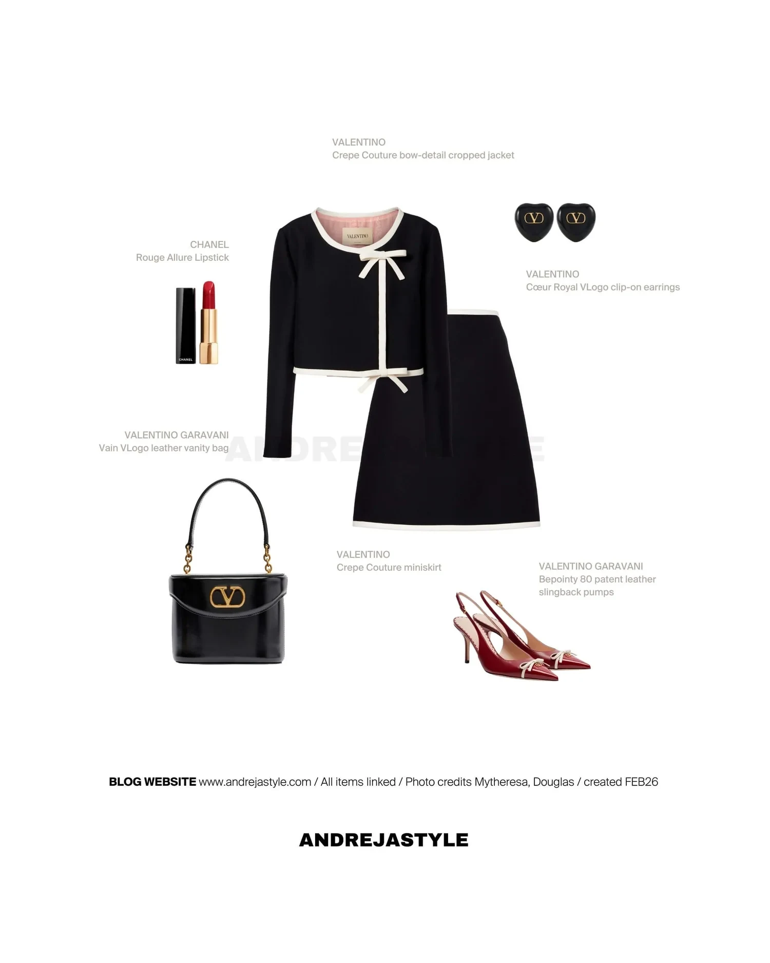 Stilski kolaž z izdelki: VALENTINO Crepe Couture bow-detail cropped jacket, VALENTINO Crepe Couture miniskirt, VALENTINO GARAVANI Vain VLogo leather vanity bag, VALENTINO GARAVANI Bepointy leather pumps, VALENTINO Cœur Royal VLogo clip-on earrings, CHANEL Rouge Allure Lipstick