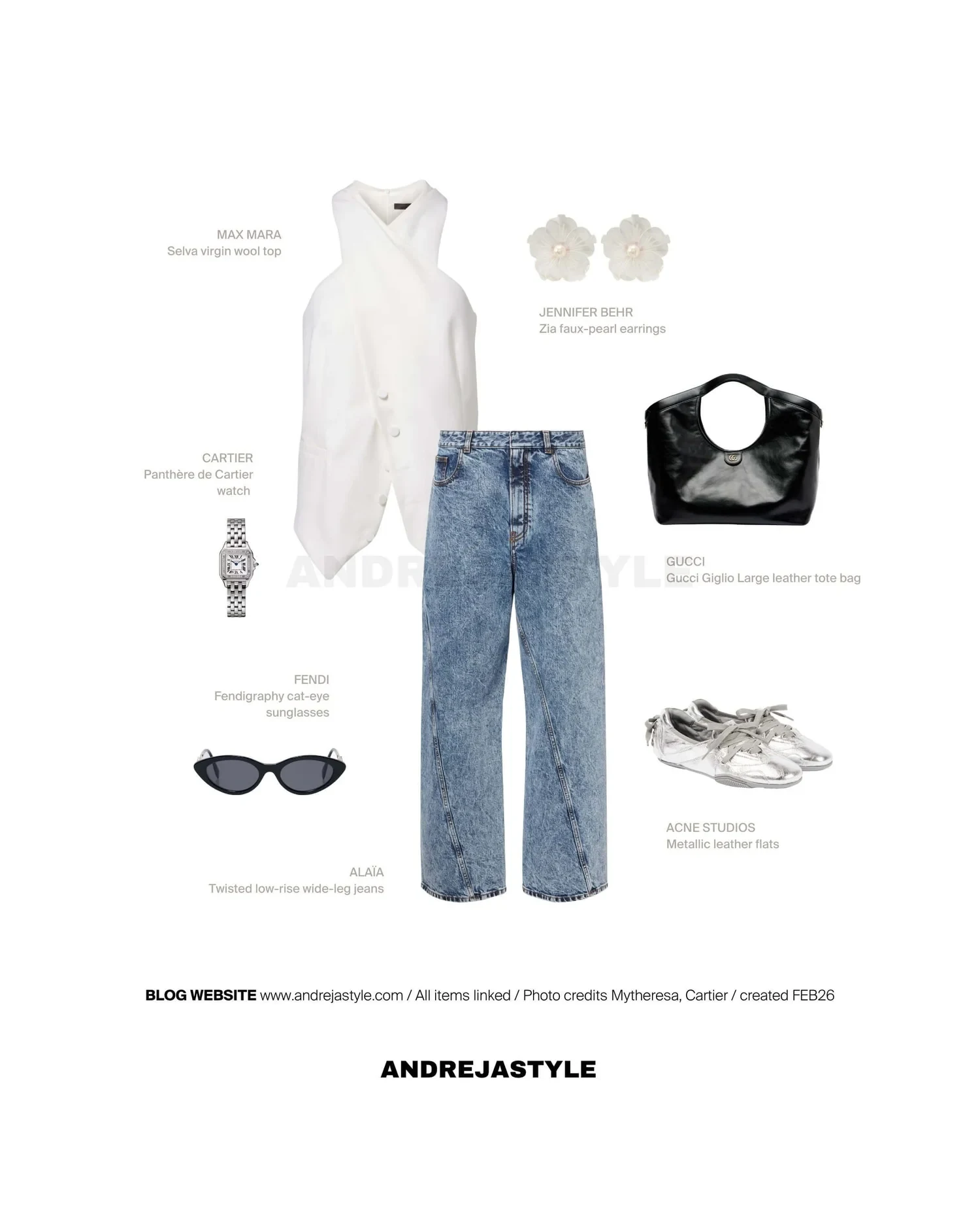 Stilski kolaž z izdelki: MAX MARA Selva virgin wool top, ALAÏA Twisted low-rise wide-leg jeans, JENNIFER BEHR Zia faux-pearl earrings, GUCCI Gucci Giglio Large leather tote bag, ACNE STUDIOS Metallic leather flats, FENDI Fendigraphy cat-eye sunglasses, CARTIER Panthère de Cartier watch
