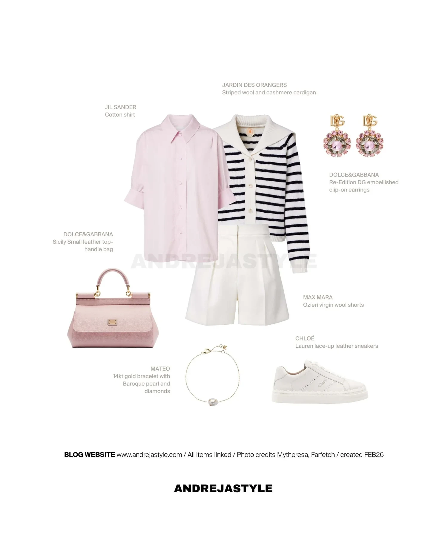 Stilski kolaž z izdelki: JIL SANDER Cotton shirt, JARDIN DES ORANGERS Striped wool and cashmere cardigan, MAX MARA Ozieri virgin wool shorts, DOLCE&GABBANA Sicily Small leather top-handle bag, CHLOÉ Lauren lace-up leather sneakers, MATEO 14kt gold bracelet with pearl and diamonds, DOLCE&GABBANA Re-Edition DG clip-on earrings