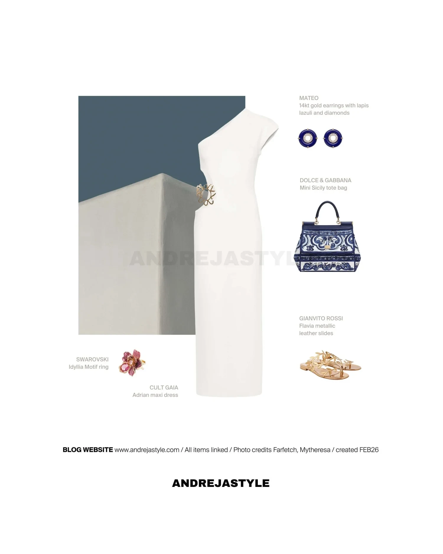 Stilski kolaž z izdelki: CULT GAIA Adrian maxi dress, MATEO 14kt gold earrings, DOLCE & GABBANA Mini Sicily tote bag, GIANVITO ROSSI Flavia metallic leather slides, SWAROVSKI Idyllia Motif ring