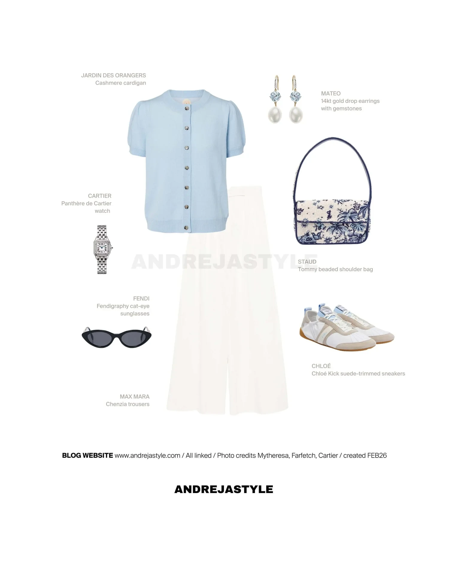 Stilski kolaž z izdelki: JARDIN DES ORANGERS Cashmere cardigan, MAX MARA Chenzia trousers, STAUD Tommy beaded shoulder bag, CHLOÉ Chloé Kick suede-trimmed sneakers, MATEO 14kt gold drop earrings with gemstones, FENDI Fendigraphy cat-eye sunglasses, CARTIER Panthère de Cartier watch