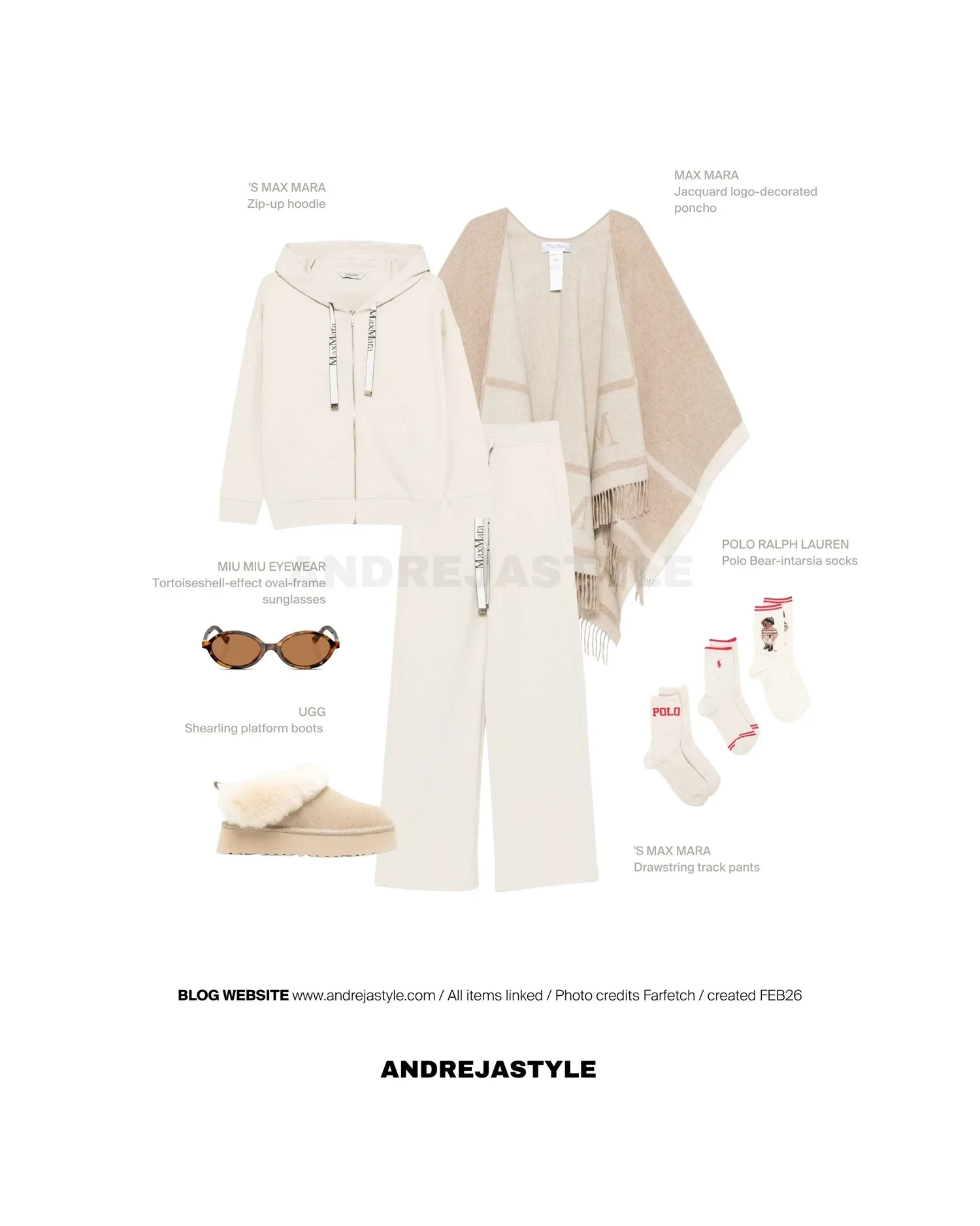Stilski kolaž z izdelki: 'S MAX MARA Zip-up hoodie, 'S MAX MARA Drawstring track pants, UGG Shearling platform boots, MIU MIU EYEWEAR Tortoiseshell-effect sunglasses, POLO RALPH LAUREN Polo Bear-intarsia socks