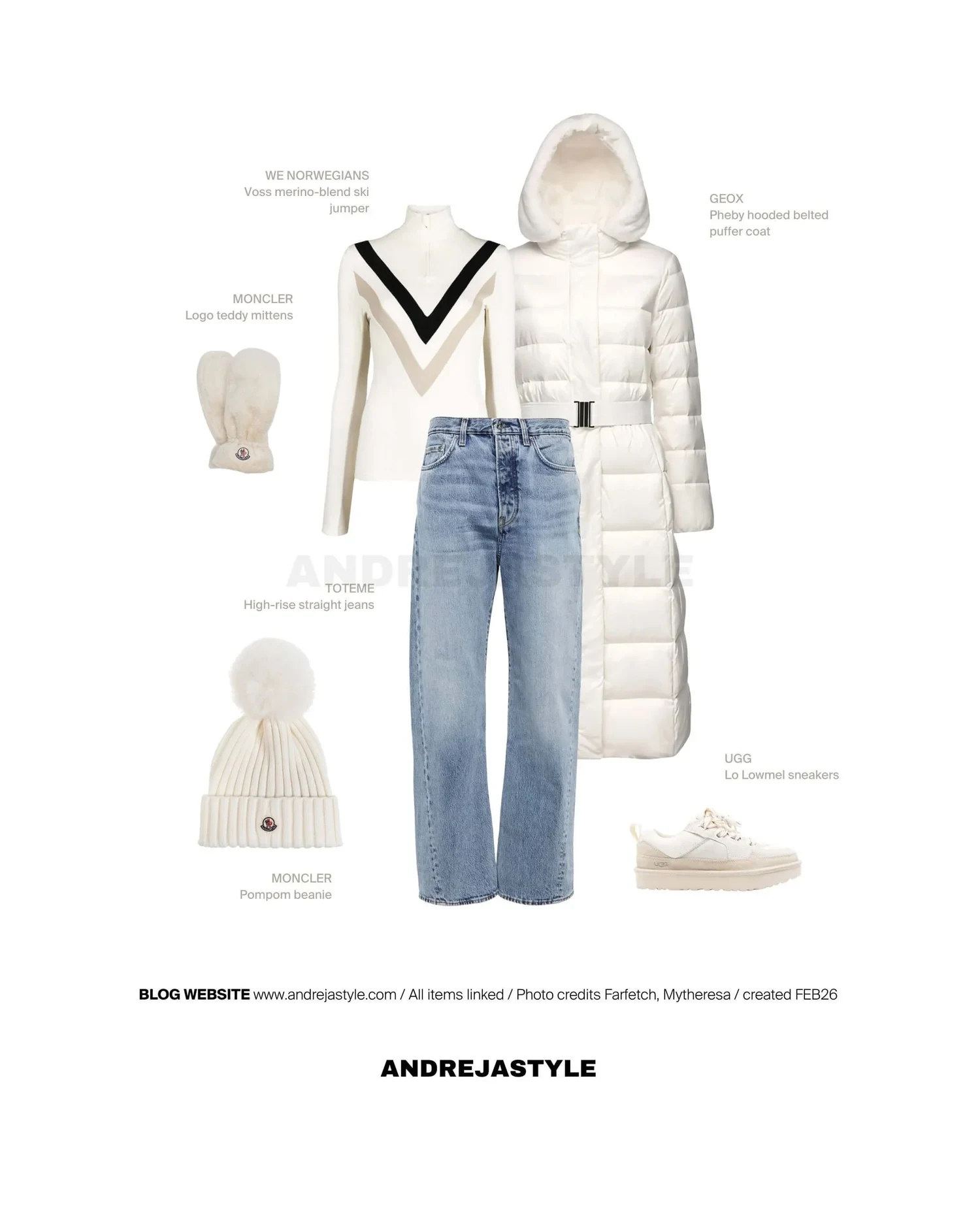 Stilski kolaž z izdelki: WE NORWEGIANS Voss merino-blend ski jumper, TOTEME High-rise straight jeans, GEOX Pheby hooded belted puffer coat, MONCLER Logo teddy mittens, MONCLER Pompom beanie, UGG Lo Lowmel sneakers