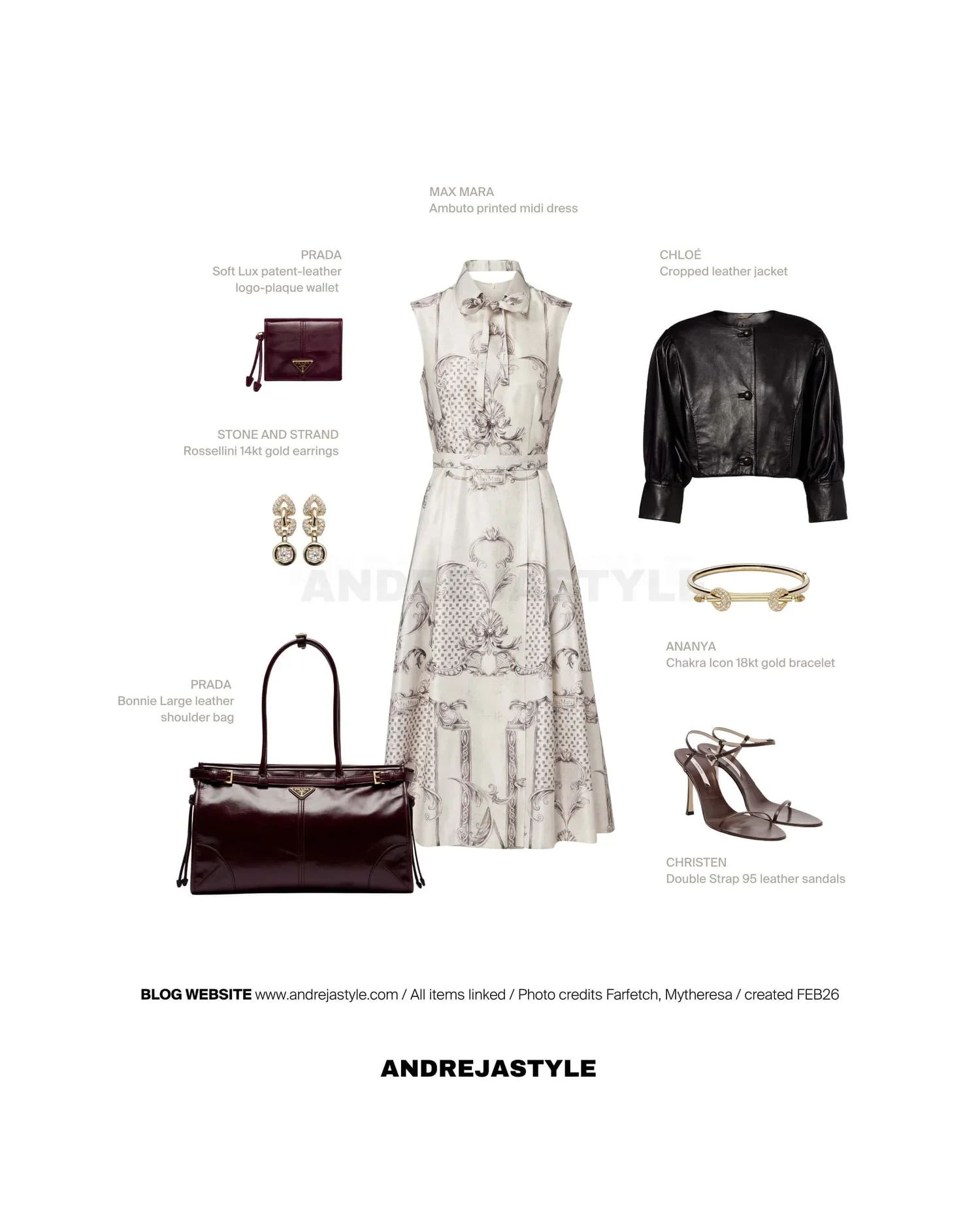 Stilski kolaž z izdelki: MAX MARA Ambuto printed midi dress, CHLOÉ Cropped leather jacket, CHRISTEN Double Strap 95 leather sandals, PRADA Soft Lux patent-leather logo-plaque wallet, PRADA Bonnie Large leather shoulder bag, STONE AND STRAND Rossellini 14kt gold earrings, ANANYA Chakra Icon 18kt gold bracelet
