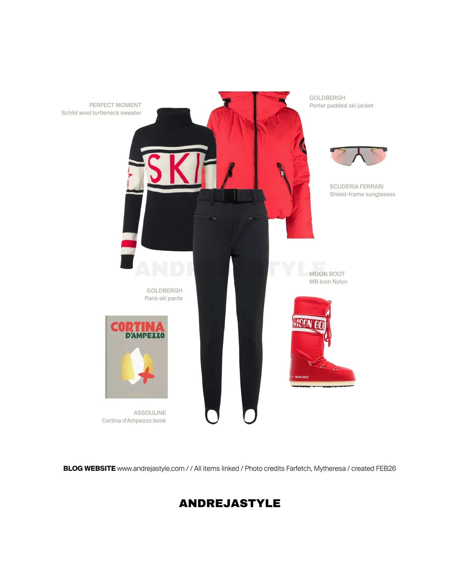 Stilski kolaž z izdelki: GOLDBERGH Porter padded ski jacket, PERFECT MOMENT Schild wool turtleneck sweater, GOLDBERGH Paris ski pants, MOON BOOT MB Icon Nylon, SCUDERIA FERRARI Shield-frame sunglasses, ASSOULINE Cortina d'Ampezzo book