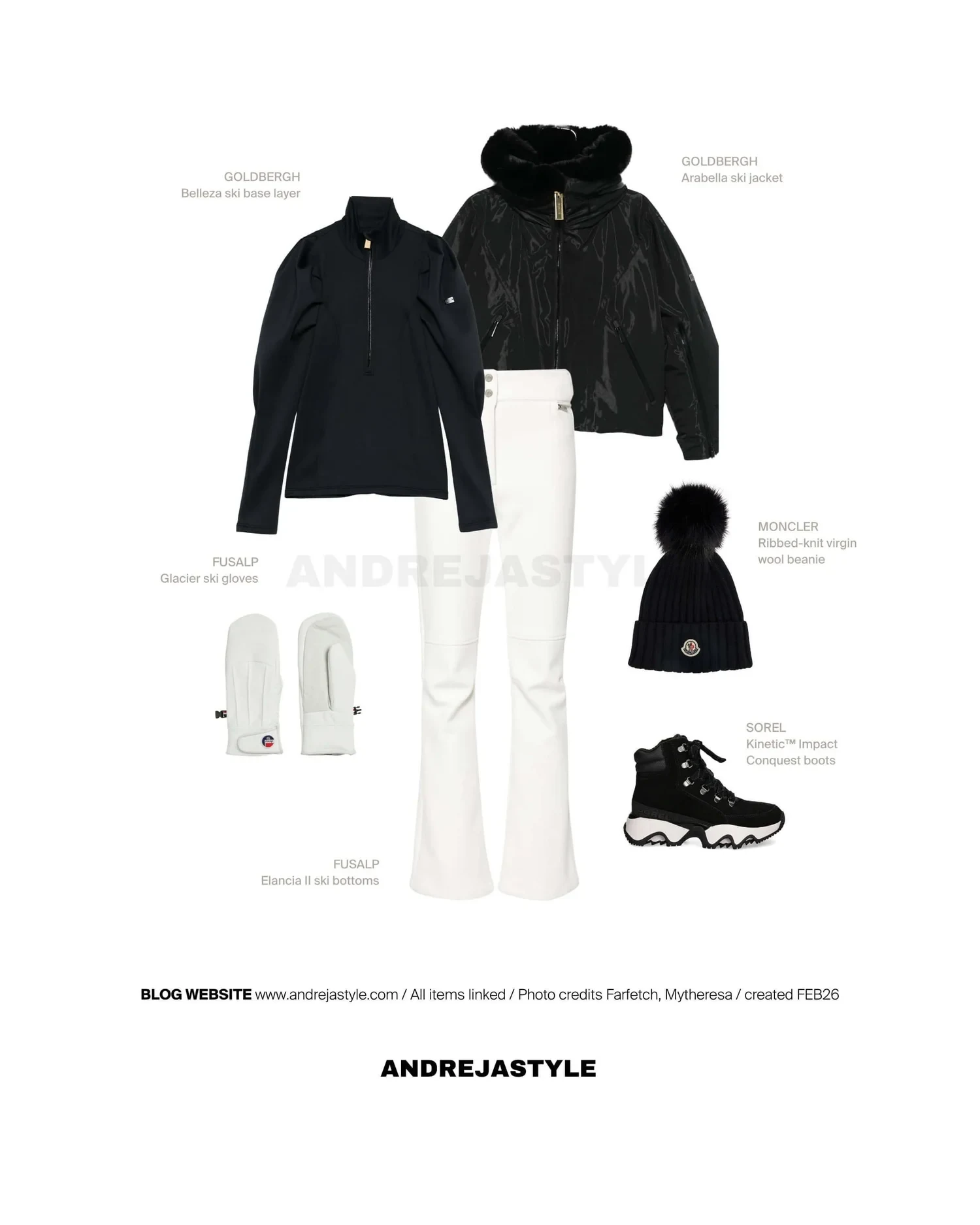 Stilski kolaž z izdelki: GOLDBERGH Arabella ski jacket, GOLDBERGH Belleza ski base layer, FUSALP Elancia II ski bottoms, MONCLER Ribbed-knit virgin wool beanie, SOREL Kinetic™ Impact Conquest boots, FUSALP Glacier ski gloves