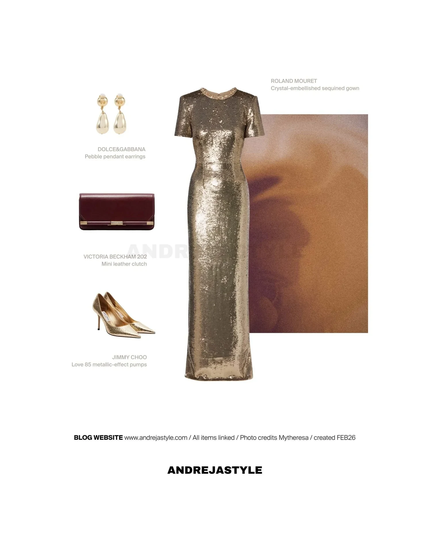 Stilski kolaž z izdelki: ROLAND MOURET Crystal-embellished sequined gown, DOLCE&GABBANA Pebble pendant earrings, VICTORIA BECKHAM 202 Mini leather clutch, JIMMY CHOO Love 85 metallic-effect pumps