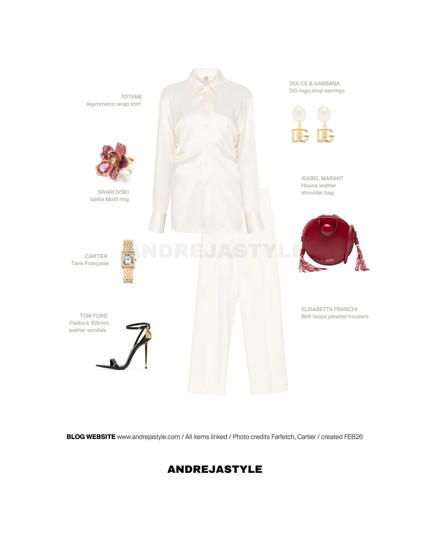 Stilski kolaž z izdelki: TOTEME Asymmetric wrap shirt, ELISABETTA FRANCHI Belt-loops pleated trousers, TOM FORD Padlock 105mm leather sandals, ISABEL MARANT Houna leather shoulder bag, SWAROVSKI Idyllia Motif ring, DOLCE & GABBANA DG-logo drop earrings