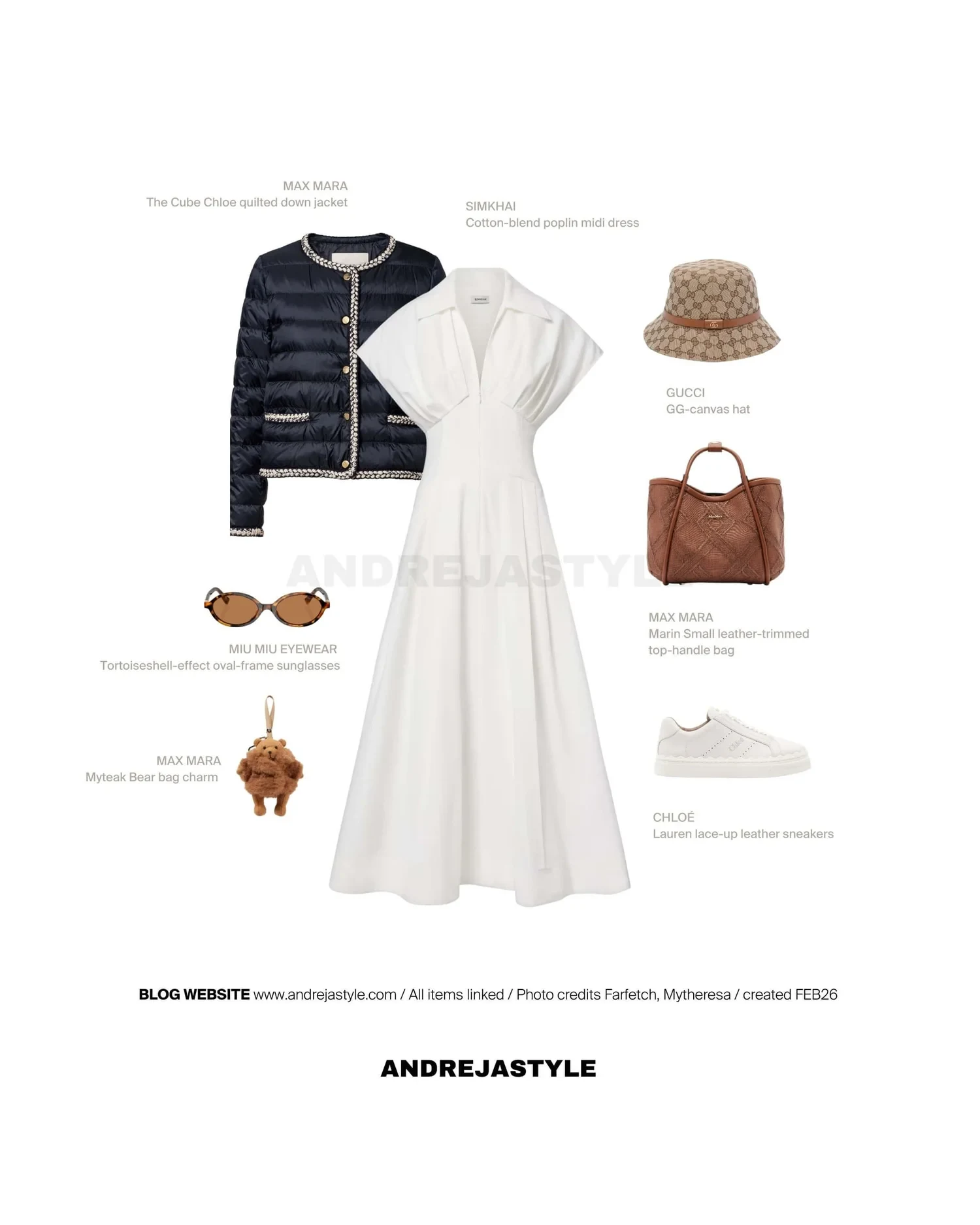 Stilski kolaž z izdelki: MAX MARA The Cube Chloe quilted down jacket, SIMKHAI Cotton-blend poplin midi dress, GUCCI GG-canvas hat, MAX MARA Marin Small top-handle bag, CHLOÉ Lauren lace-up leather sneakers, MAX MARA Myteak Bear bag charm, MIU MIU EYEWEAR Tortoiseshell-effect  sunglasses