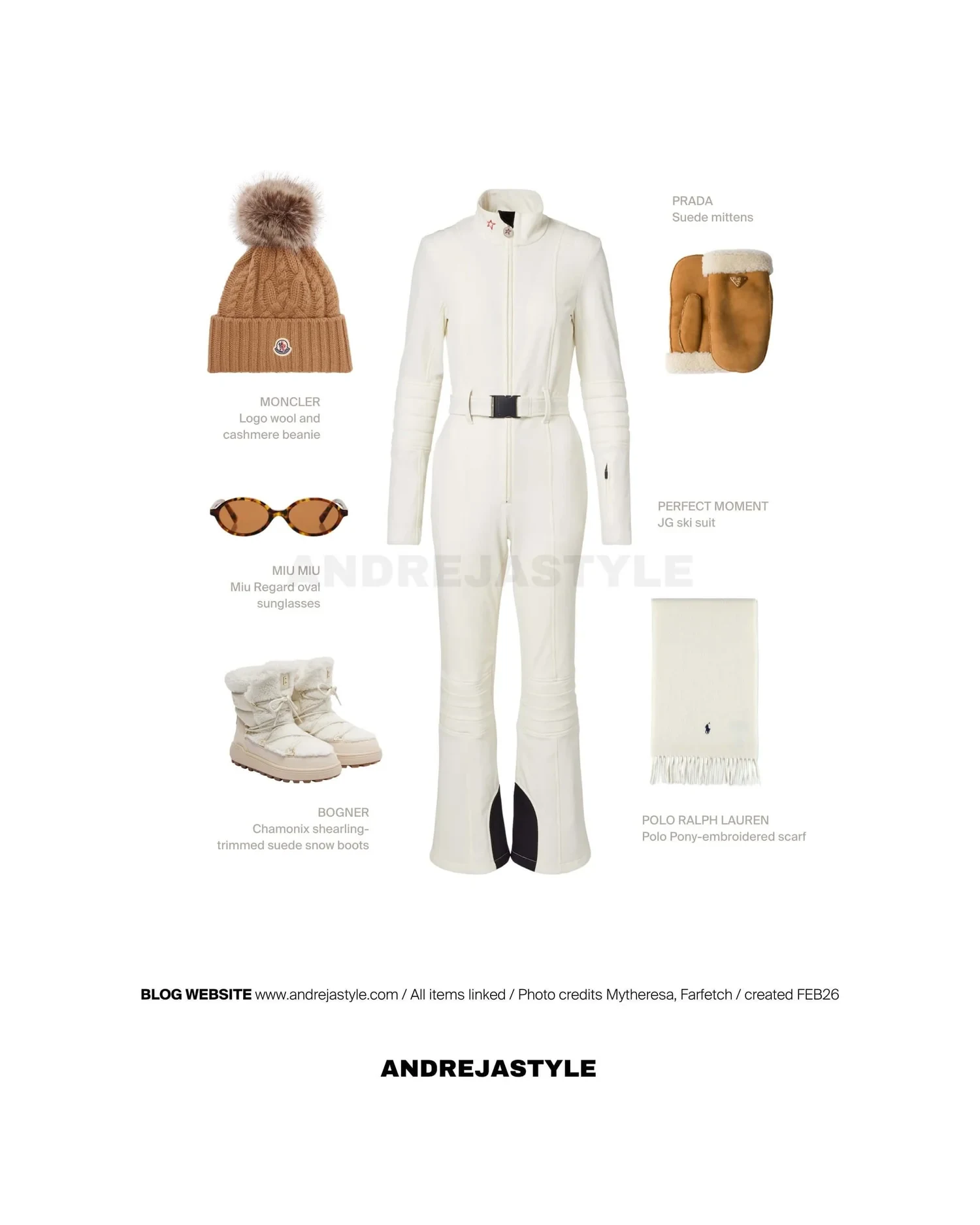 Stilski kolaž z izdelki: PERFECT MOMENT JG ski suit, MONCLER Logo wool and cashmere beanie, PRADA Suede mittens, BOGNER Chamonix shearling-trimmed snow boots, POLO RALPH LAUREN Polo Pony-embroidered scarf, MIU MIU Miu Regard oval sunglasses