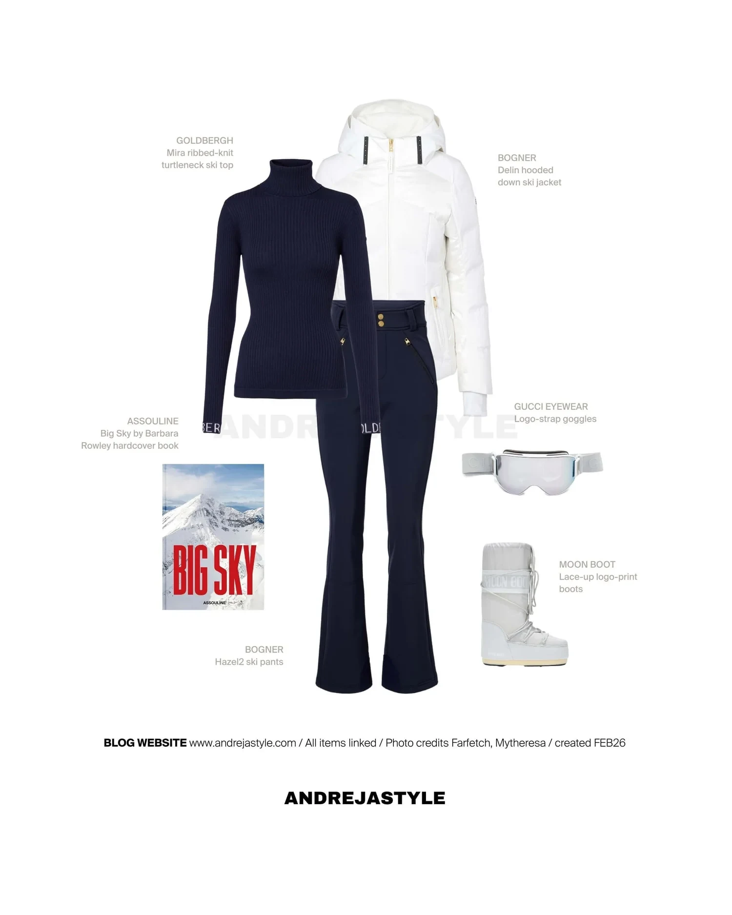 Stilski kolaž z izdelki: GOLDBERGH Mira ribbed-knit turtleneck ski top, BOGNER Delin hooded down ski jacket, BOGNER Hazel2 ski pants, MOON BOOT Lace-up logo-print boots, GUCCI EYEWEAR Logo-strap goggles, ASSOULINE Big Sky by Barbara Rowley hardcover book
