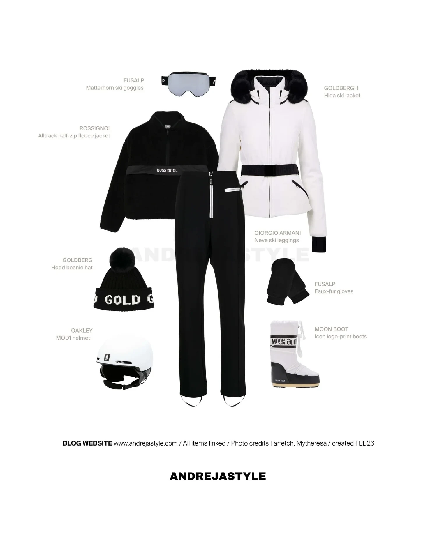Stilski kolaž z izdelki: GOLDBERGH Hida ski jacket, GIORGIO ARMANI Neve ski leggings, ROSSIGNOL Alltrack half-zip fleece jacket, MOON BOOT Icon logo-print boots, FUSALP Matterhorn ski goggles, OAKLEY MOD1 helmet, FUSALP Faux-fur gloves, GOLDBERG Hodd beanie hat