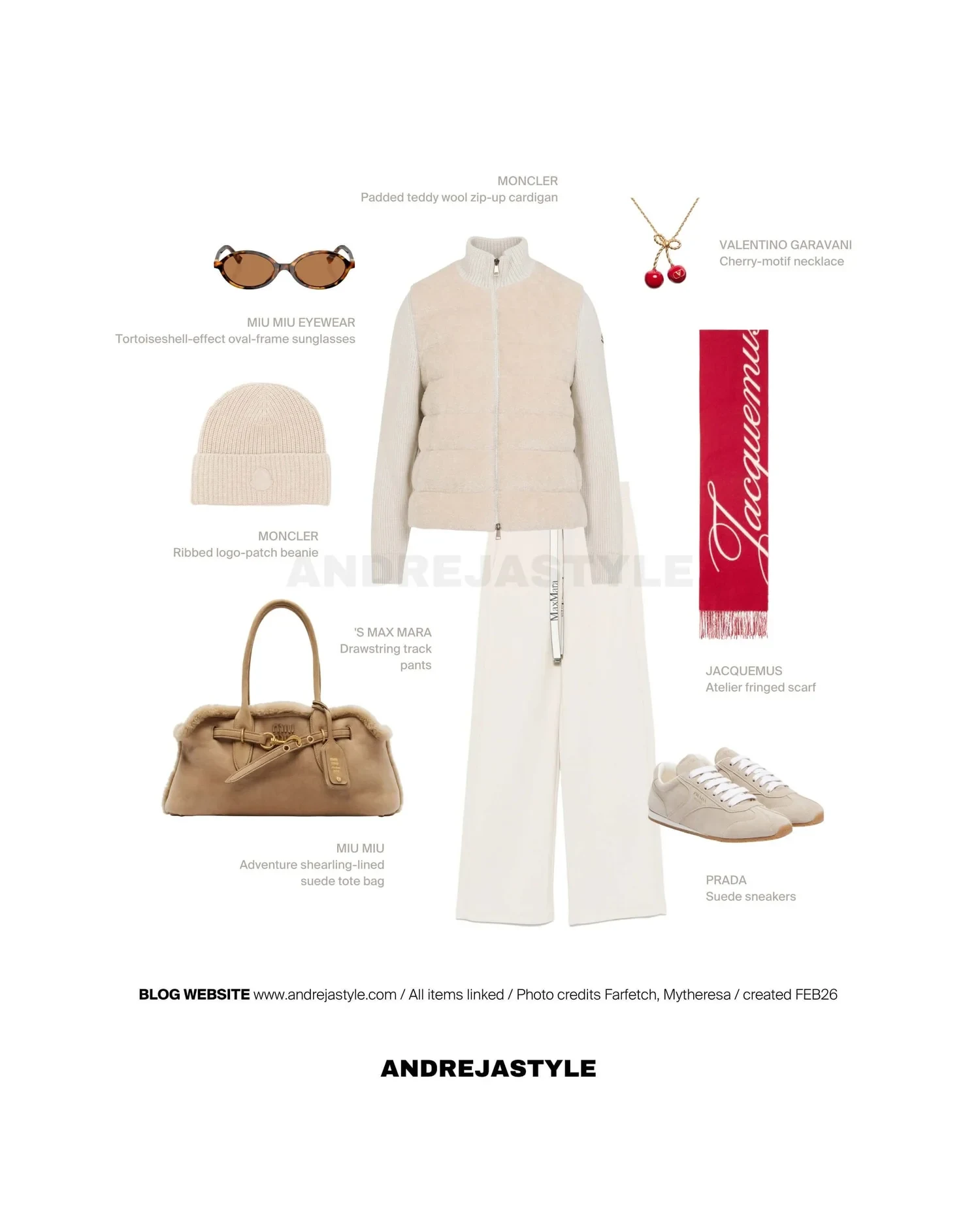 Stilski kolaž z izdelki: MONCLER Padded teddy wool zip-up cardigan, 'S MAX MARA Drawstring track pants, PRADA Suede sneakers, MIU MIU Adventure shearling-lined suede tote bag, MONCLER Ribbed logo-patch beanie, JACQUEMUS Atelier fringed scarf, MIU MIU EYEWEAR Tortoiseshell-effect sunglasses, VALENTINO GARAVANI Cherry-motif necklace