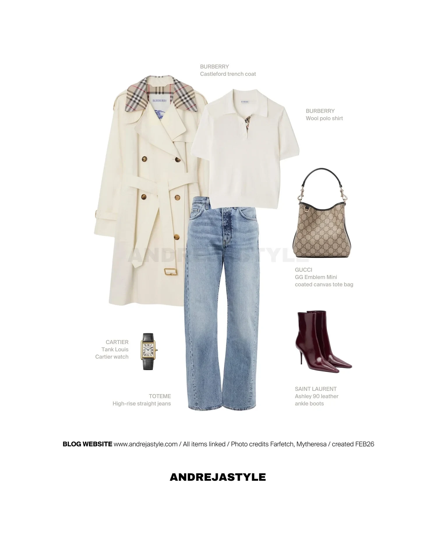 Stilski kolaž z izdelki: BURBERRY Castleford trench coat, TOTEME High-rise straight jeans, BURBERRY Wool polo shirt, GUCCI GG Emblem Mini coated canvas tote bag, SAINT LAURENT Ashley 90 leather ankle boots, CARTIER Tank Louis Cartier watch