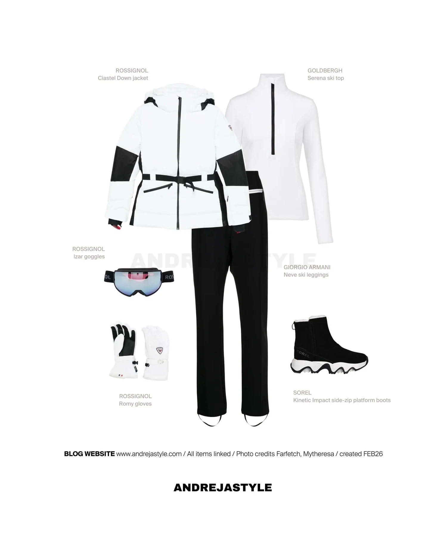 Stilski kolaž z izdelki: ROSSIGNOL Ciastel Down jacket, GOLDBERGH Serena ski top, GIORGIO ARMANI Neve ski leggings, SOREL Kinetic Impact side-zip platform boots, ROSSIGNOL Romy gloves, ROSSIGNOL Izar goggles
