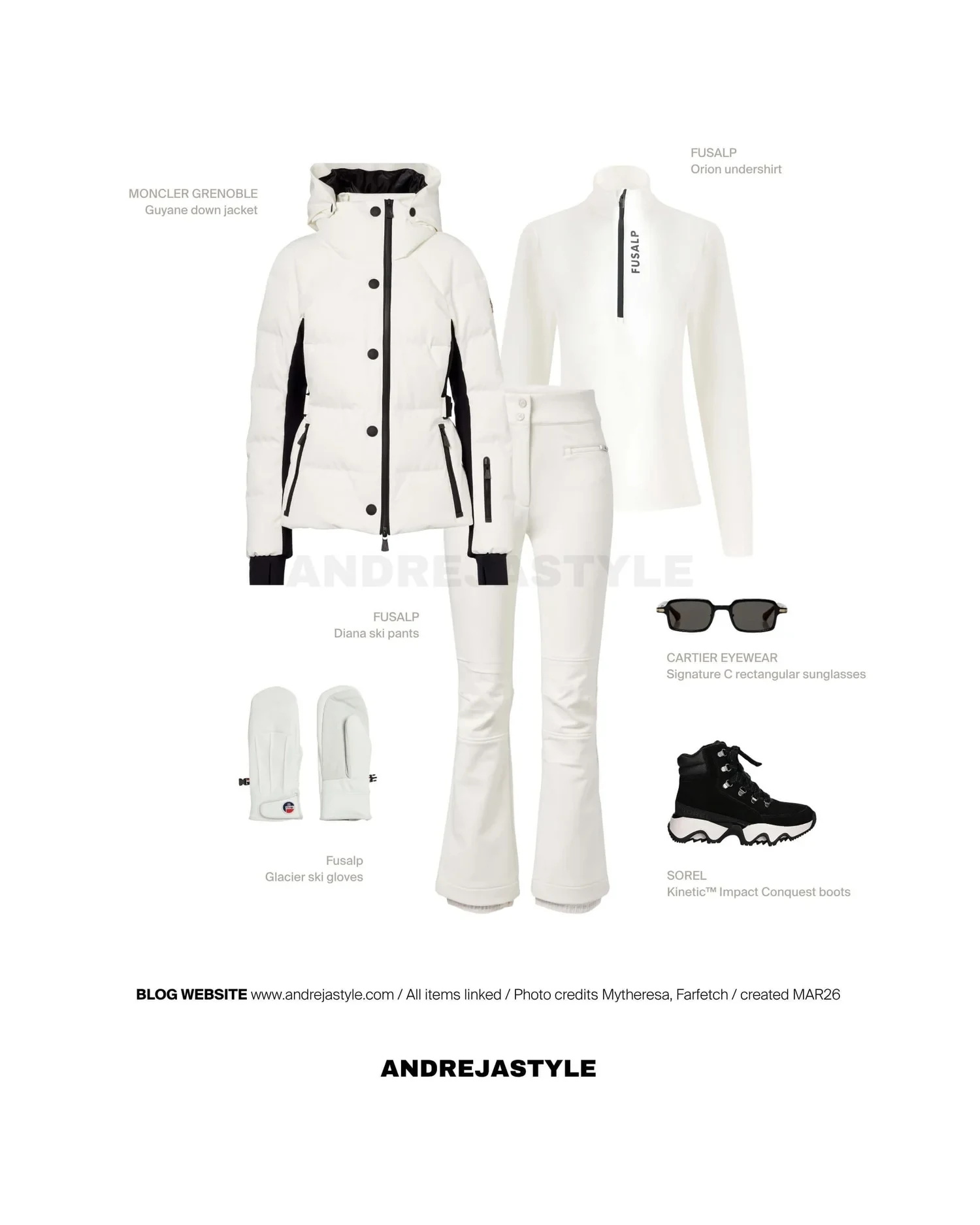 Stilski kolaž z izdelki: MONCLER GRENOBLE Guyane down jacket, FUSALP Orion undershirt, FUSALP Diana ski pants, FUSALP Glacier ski gloves, SOREL Kinetic™ Impact Conquest boots, CARTIER EYEWEAR Signature C sunglasses