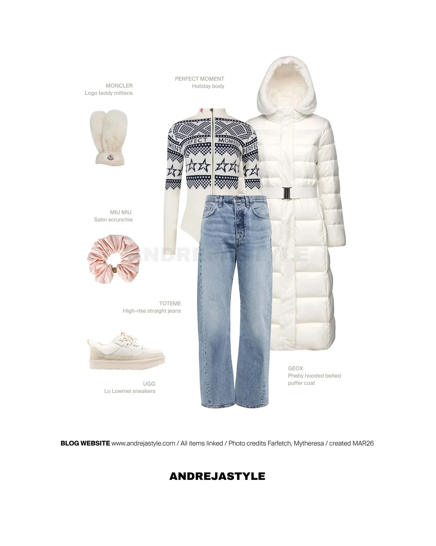 Stilski kolaž z izdelki: GEOX Pheby hooded belted puffer coat, PERFECT MOMENT Holiday body, TOTEME High-rise straight jeans, UGG Lo Lowmel sneakers, MONCLER Logo teddy mittens, MIU MIU Satin scrunchie