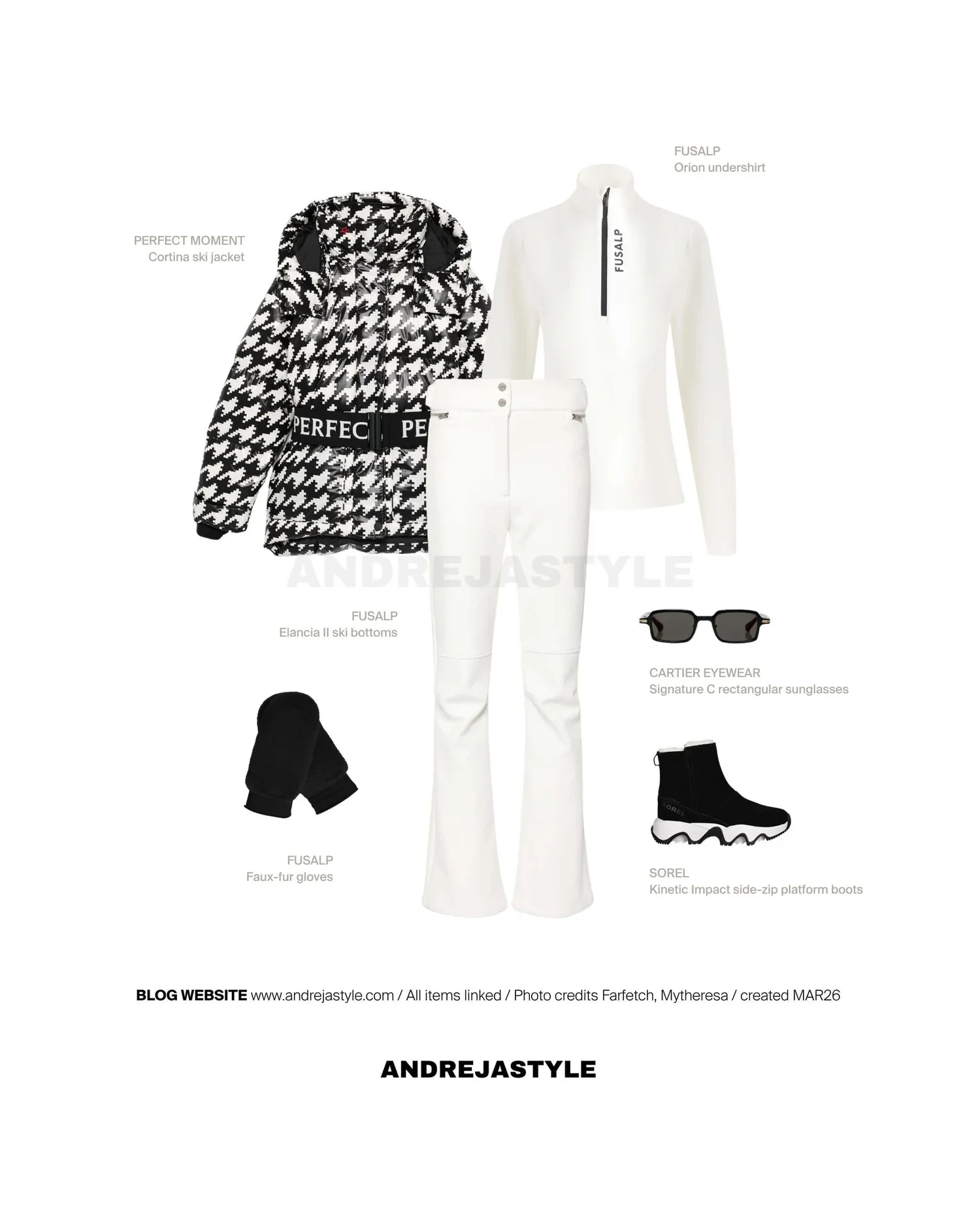 Stilski kolaž z izdelki: PERFECT MOMENT Cortina ski jacket, FUSALP Orion undershirt, FUSALP Elancia II ski bottoms, FUSALP Faux-fur gloves, CARTIER EYEWEAR Signature C rectangular sunglasses, SOREL Kinetic Impact side-zip platform boots