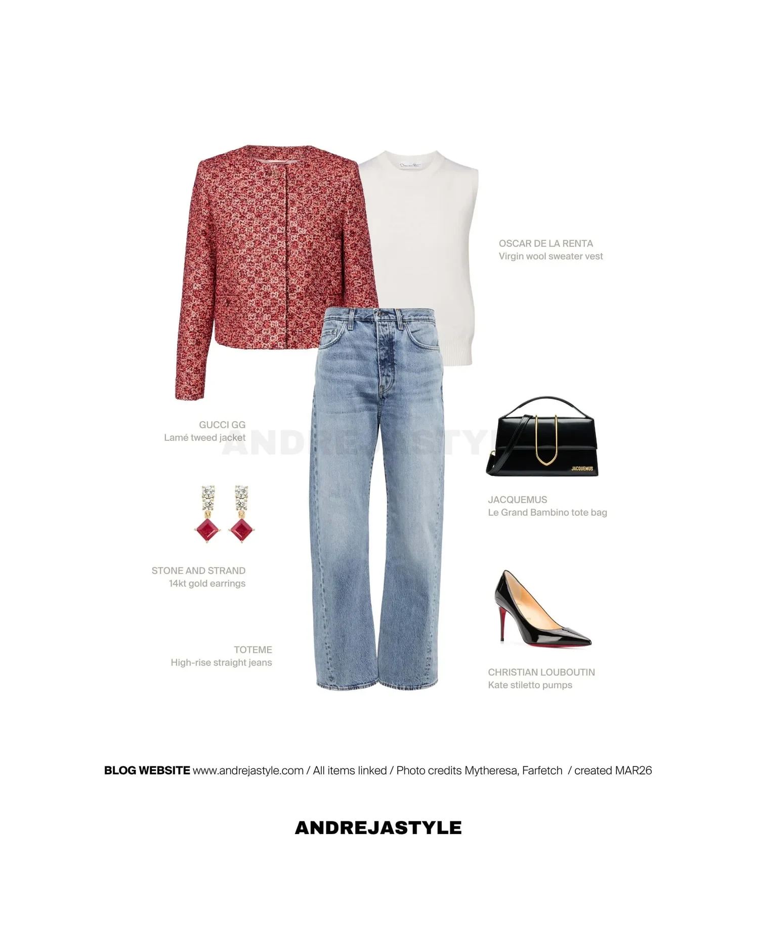 Stilski kolaž z izdelki: GUCCI GG Lamé tweed jacket, OSCAR DE LA RENTA Virgin wool sweater vest, TOTEME High-rise straight jeans, JACQUEMUS Le Grand Bambino tote bag, CHRISTIAN LOUBOUTIN Kate stiletto pumps, STONE AND STRAND 14kt gold earrings
