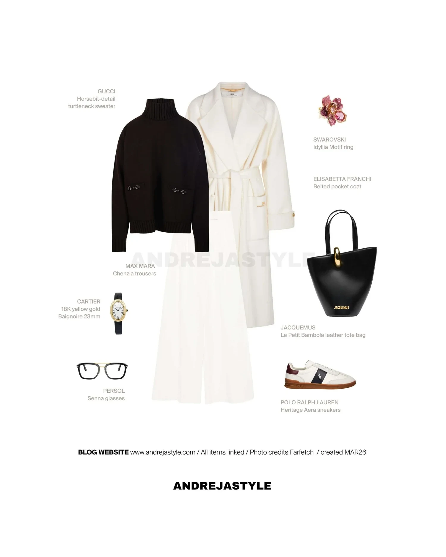 Stilski kolaž z izdelki: GUCCI Horsebit-detail turtleneck sweater, ELISABETTA FRANCHI Belted pocket coat, MAX MARA Chenzia trousers, CARTIER 18K yellow gold Baignoire 23mm, PERSOL Senna glasses, SWAROVSKI Idyllia Motif ring, JACQUEMUS Le Petit Bambola leather tote bag, POLO RALPH LAUREN Heritage Aera sneakers