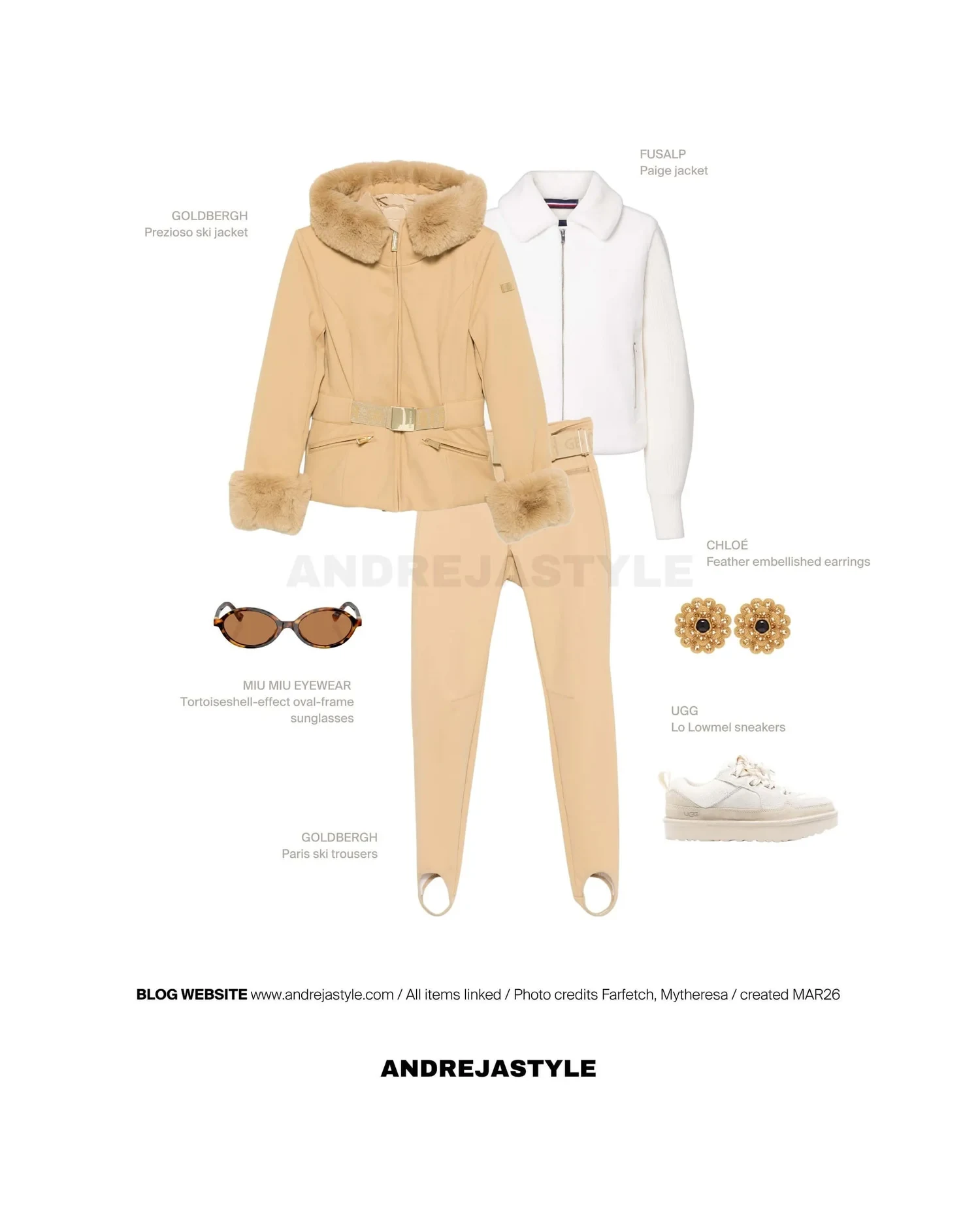 Stilski kolaž z izdelki: GOLDBERGH Prezioso ski jacket, GOLDBERGH Paris ski trousers, FUSALP Paige jacket, UGG Lo Lowmel sneakers, MIU MIU EYEWEAR Tortoiseshell-effect sunglasses, CHLOÉ Feather embellished earrings