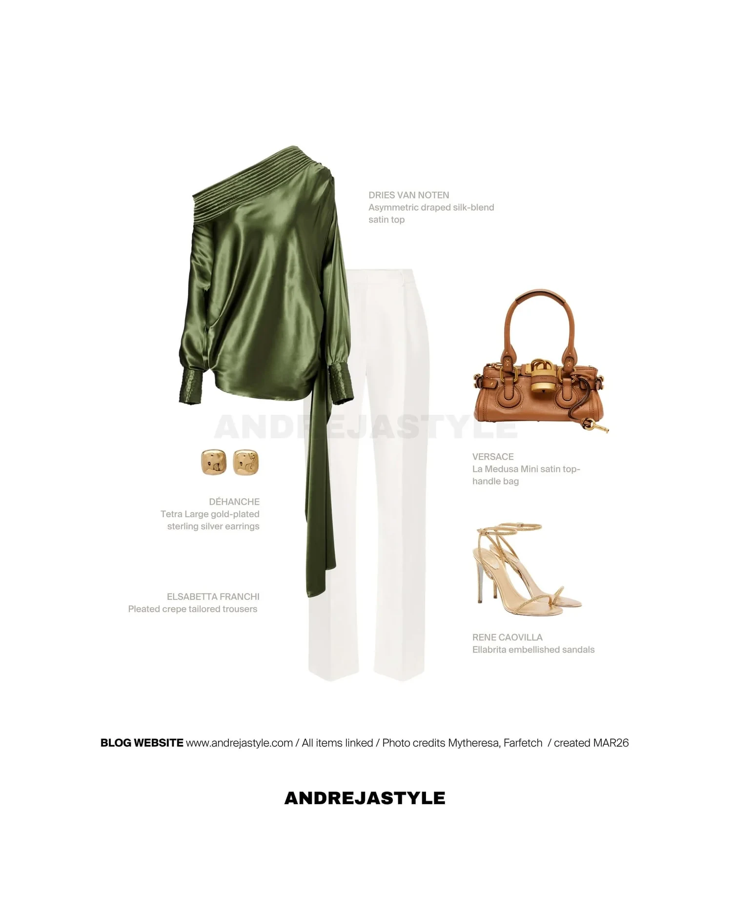 Stilski kolaž z izdelki: DRIES VAN NOTEN Asymmetric silk-blend satin top, ELSABETTA FRANCHI Pleated crepe tailored trousers, DÉHANCHE Tetra Large gold-plated earrings, CHLOÉ Paddington leather shoulder bag, RENE CAOVILLA Ellabrita embellished sandals