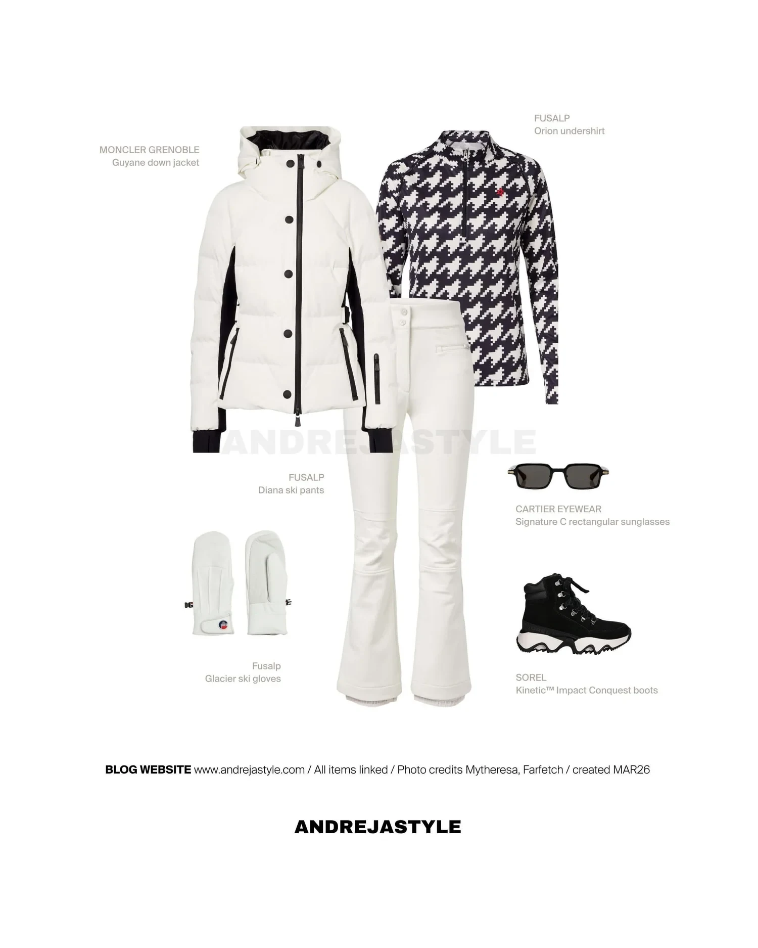 Stilski kolaž z izdelki: MONCLER GRENOBLE Guyane down jacket, FUSALP Diana ski pants, PERFECT MOMENTS Houndstooth ski top, FUSALP Glacier ski gloves, SOREL Kinetic™ Impact Conquest boots, CARTIER EYEWEAR Signature C rectangular sunglasses