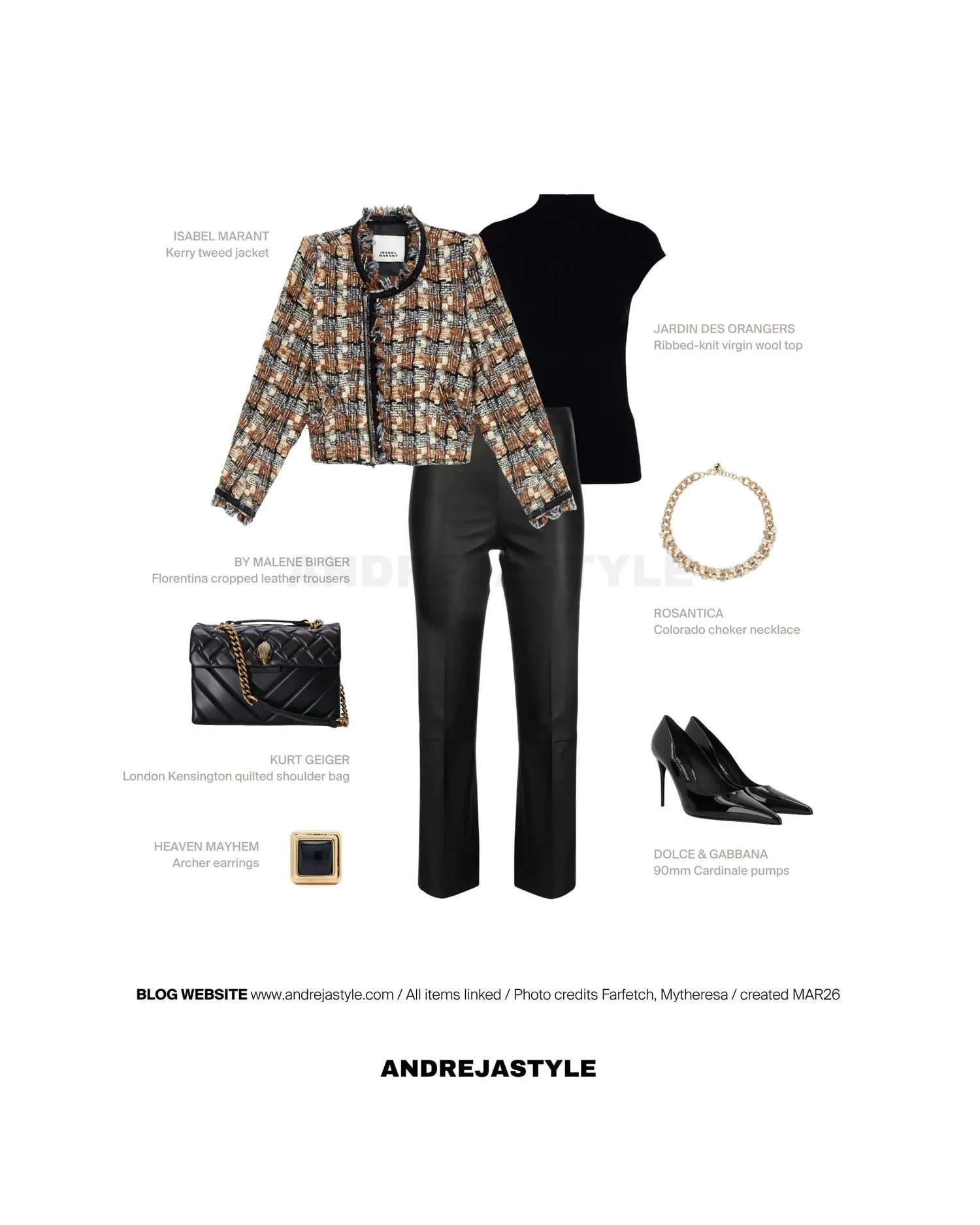 Stilski kolaž z izdelki: ISABEL MARANT Kerry tweed jacket, JARDIN DES ORANGERS Ribbed-knit virgin wool top, KURT GEIGER London Kensington quilted shoulder bag, DOLCE & GABBANA 90mm Cardinale pumps, HEAVEN MAYHEM Archer earrings