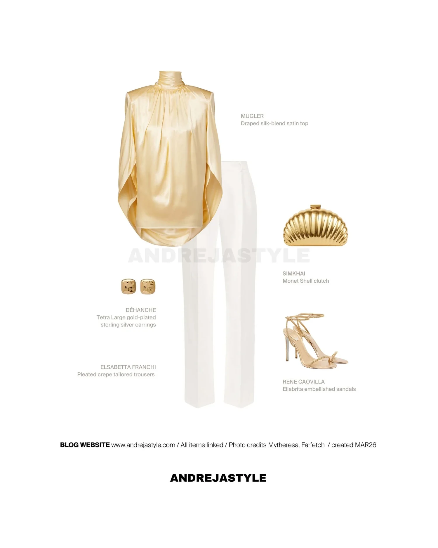 Stilski kolaž z izdelki: MUGLER Draped silk-blend satin top, ELSABETTA FRANCHI Pleated crepe tailored trousers, RENE CAOVILLA Ellabrita embellished sandals, SIMKHAI Monet Shell clutch, DÉHANCHE Tetra Large gold-plated earrings