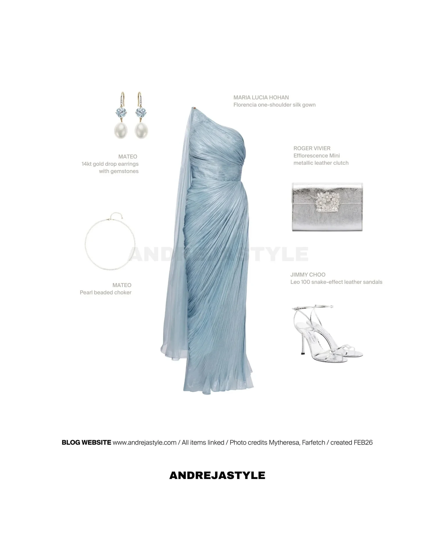 Stilski kolaž z izdelki: MARIA LUCIA HOHAN Florencia silk gown, ROGER VIVIER Efflorescence Mini metallic clutch, JIMMY CHOO Leo 100 snake-effect leather sandals, MATEO 14kt gold drop earrings with gemstones, MATEO Pearl beaded choker