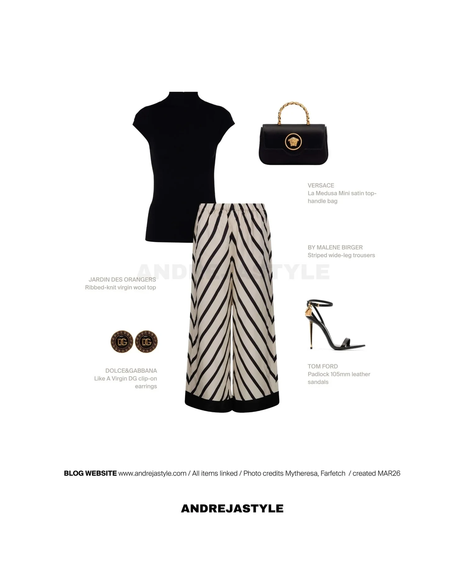 Stilski kolaž z izdelki: JARDIN DES ORANGERS Ribbed-knit virgin wool top, BY MALENE BIRGER Striped wide-leg trousers, VERSACE La Medusa Mini satin top-handle bag, DOLCE&GABBANA Like A Virgin DG clip-on earrings, TOM FORD Padlock 105mm leather sandals