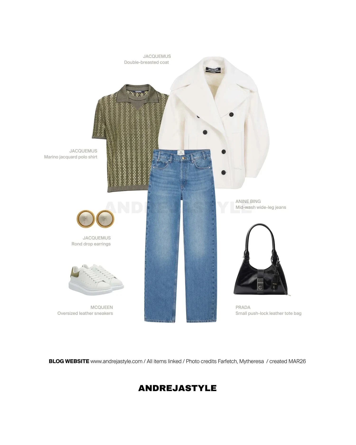 Stilski kolaž z izdelki: JACQUEMUS Double-breasted coat, JACQUEMUS Marino jacquard polo shirt, ANINE BING Mid-wash wide-leg jeans, JACQUEMUS Rond drop earrings, MCQUEEN Oversized leather sneakers, PRADA Small push-lock leather tote bag