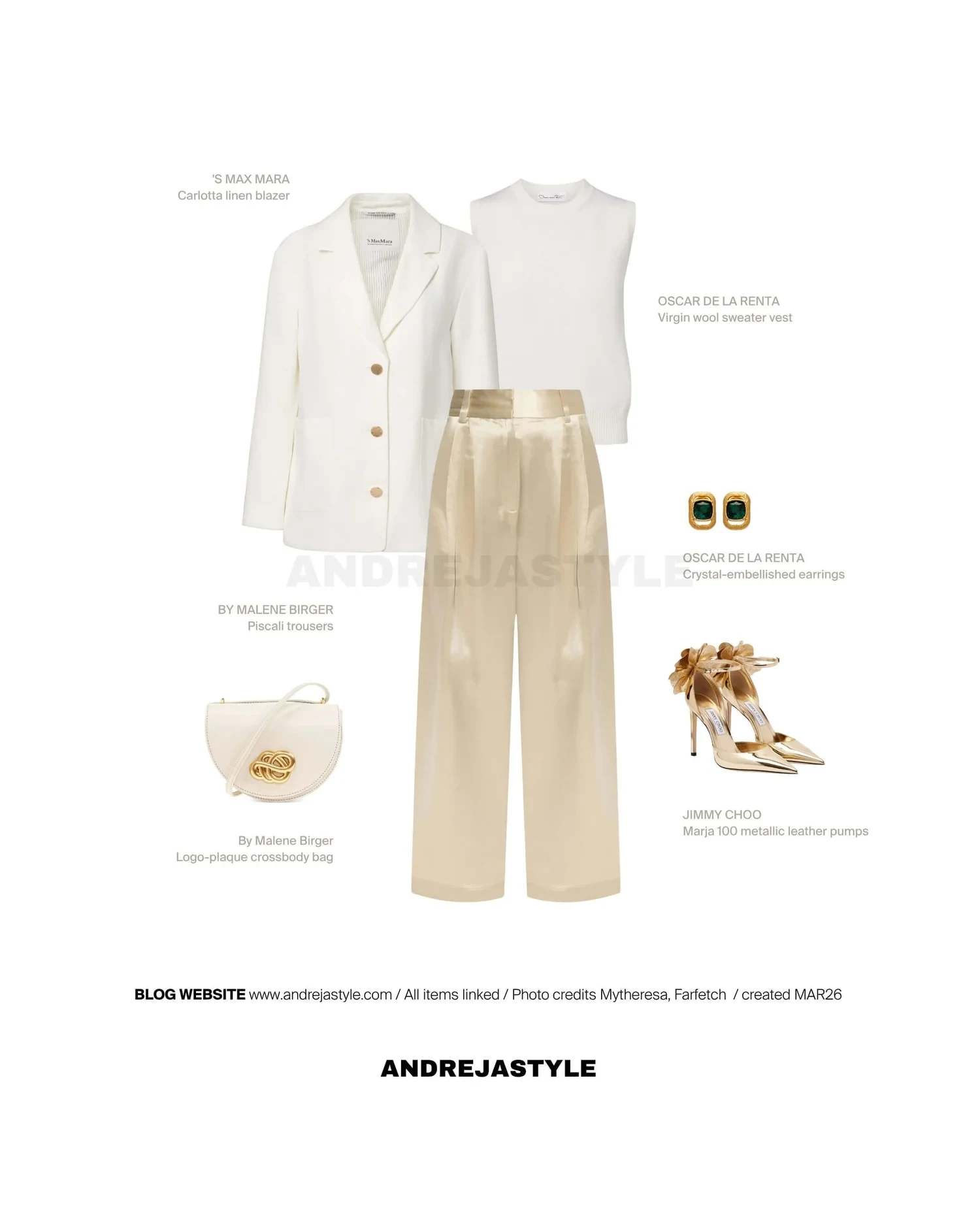 Stilski kolaž z izdelki: 'S MAX MARA Carlotta linen blazer, OSCAR DE LA RENTA Virgin wool sweater vest, BY MALENE BIRGER Piscali trousers, By MALENE BIRGER Logo-plaque crossbody bag, OSCAR DE LA RENTA Crystal-embellished earrings, JIMMY CHOO Marja 100 metallic leather pumps