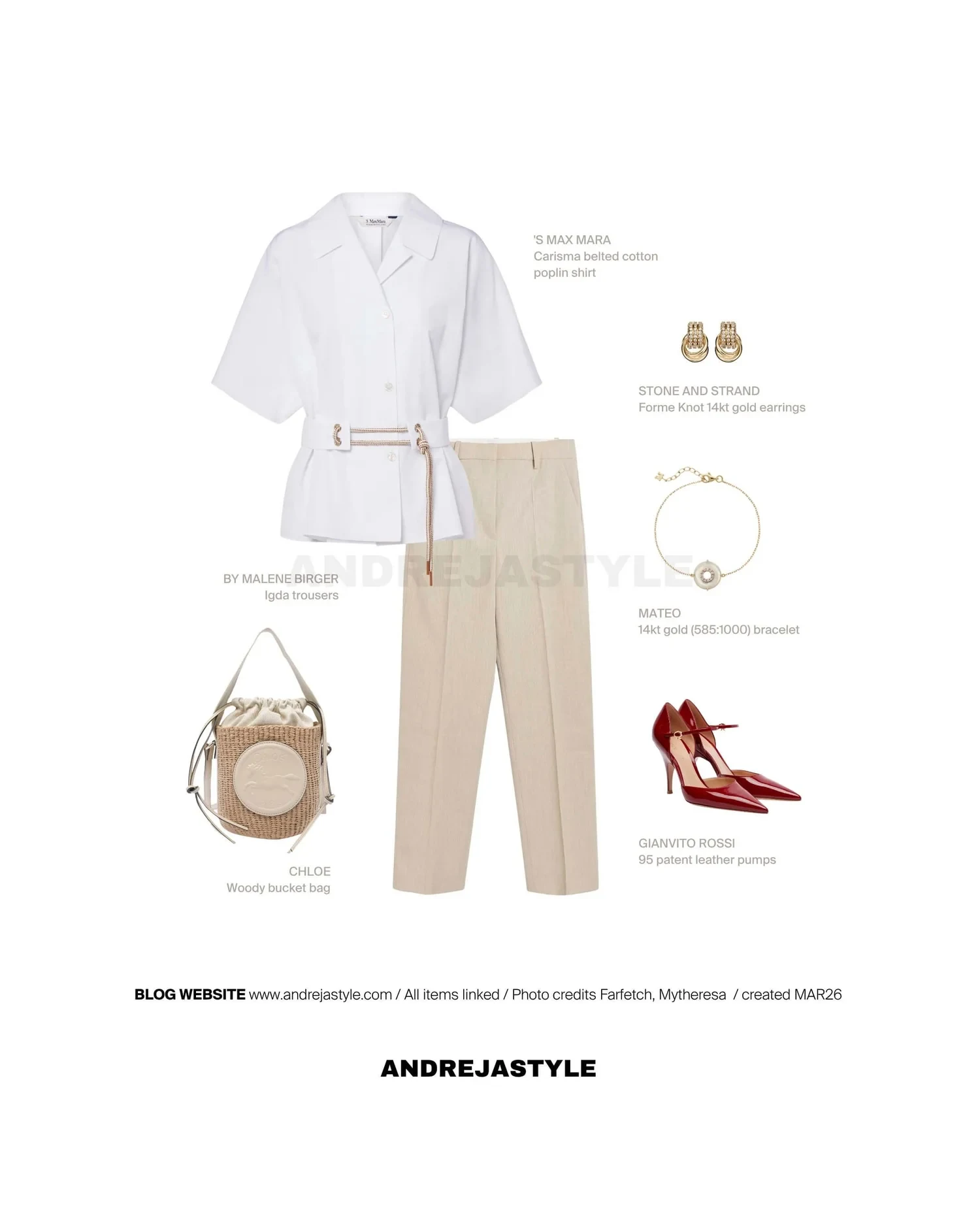 Stilski kolaž z izdelki: 'S MAX MARA Carisma belted cotton poplin shirt, BY MALENE BIRGER Igda trousers, GIANVITO ROSSI 95 patent leather pumps, MATEO 14kt gold (585:1000) bracelet, STONE AND STRAND Forme Knot 14kt gold earrings