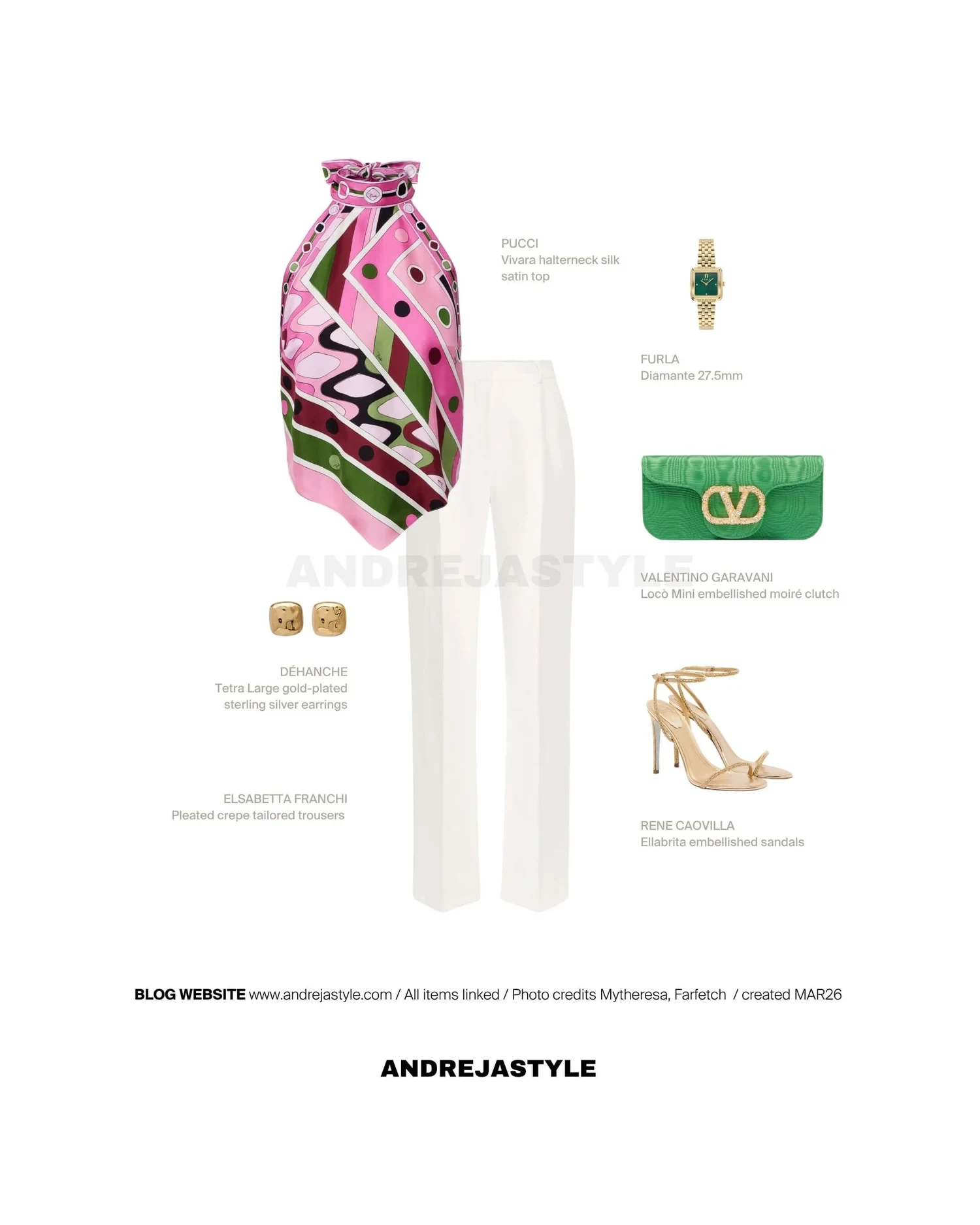 Stilski kolaž z izdelki: PUCCI Vivara halterneck silk satin top, ELSABETTA FRANCHI Pleated crepe tailored trousers, DÉHANCHE Tetra Large gold-plated earrings, RENE CAOVILLA Ellabrita embellished sandals