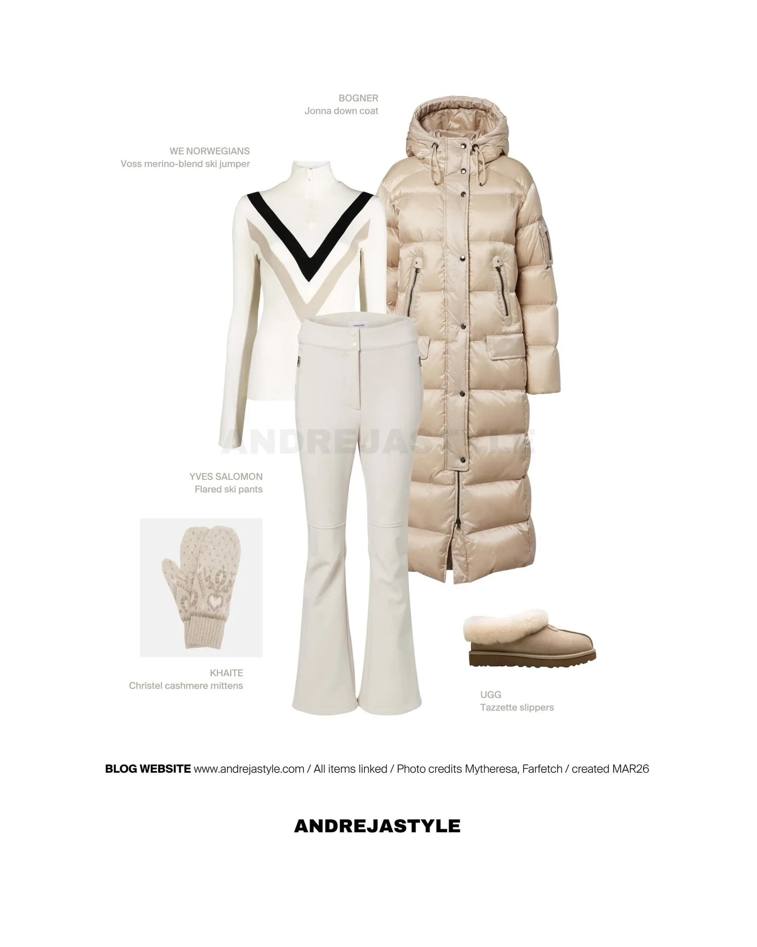 Stilski kolaž z izdelki: BOGNER Jonna down coat, WE NORWEGIANS Voss merino-blend ski jumper, YVES SALOMON Flared ski pants, KHAITE Christel cashmere mittens, UGG Tazzette slippers