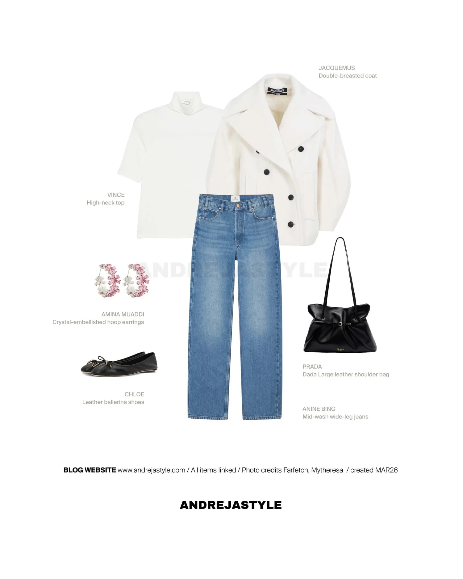 Stilski kolaž z izdelki: JACQUEMUS Double-breasted coat, VINCE High-neck top, ANINE BING Mid-wash wide-leg jeans, CHLOE Leather ballerina shoes, PRADA Dada Large leather shoulder bag
