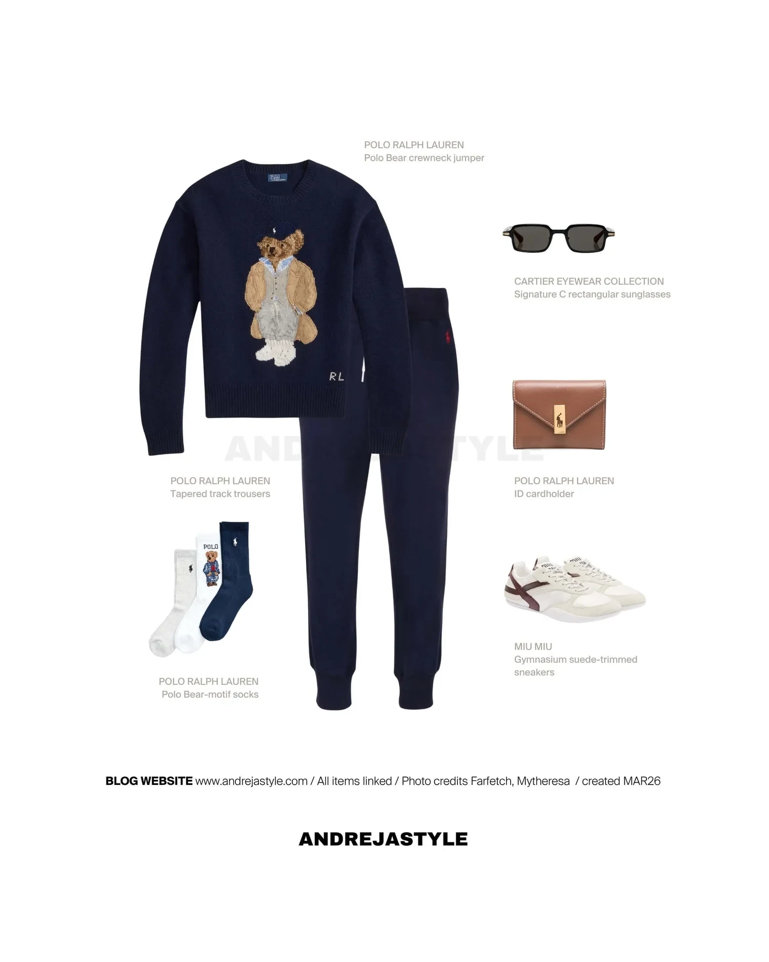 Stilski kolaž z izdelki: POLO RALPH LAUREN Polo Bear crewneck jumper, POLO RALPH LAUREN Tapered track trousers, POLO RALPH LAUREN Polo Bear-motif socks, CARTIER EYEWEAR Signature C rectangular sunglasses, MIU MIU Gymnasium suede-trimmed sneakers