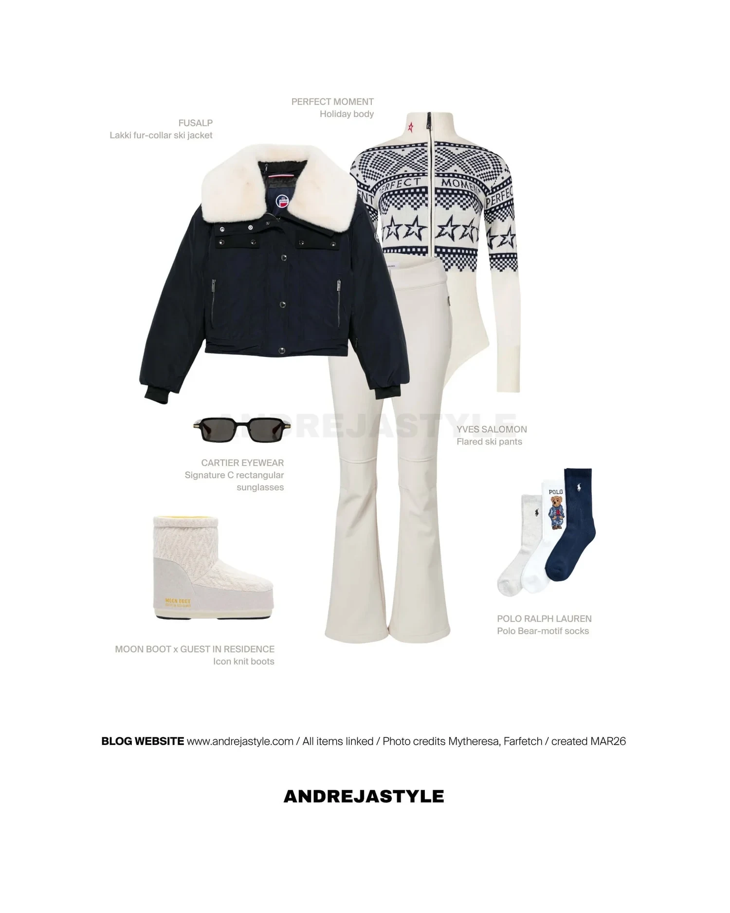Stilski kolaž z izdelki: FUSALP Lakki fur-collar ski jacket, PERFECT MOMENT Holiday body, YVES SALOMON Flared ski pants, POLO RALPH LAUREN Polo Bear-motif socks, MOON BOOT x GUEST IN RESIDENCE Icon knit boots, CARTIER EYEWEAR Signature C rectangular sunglasses