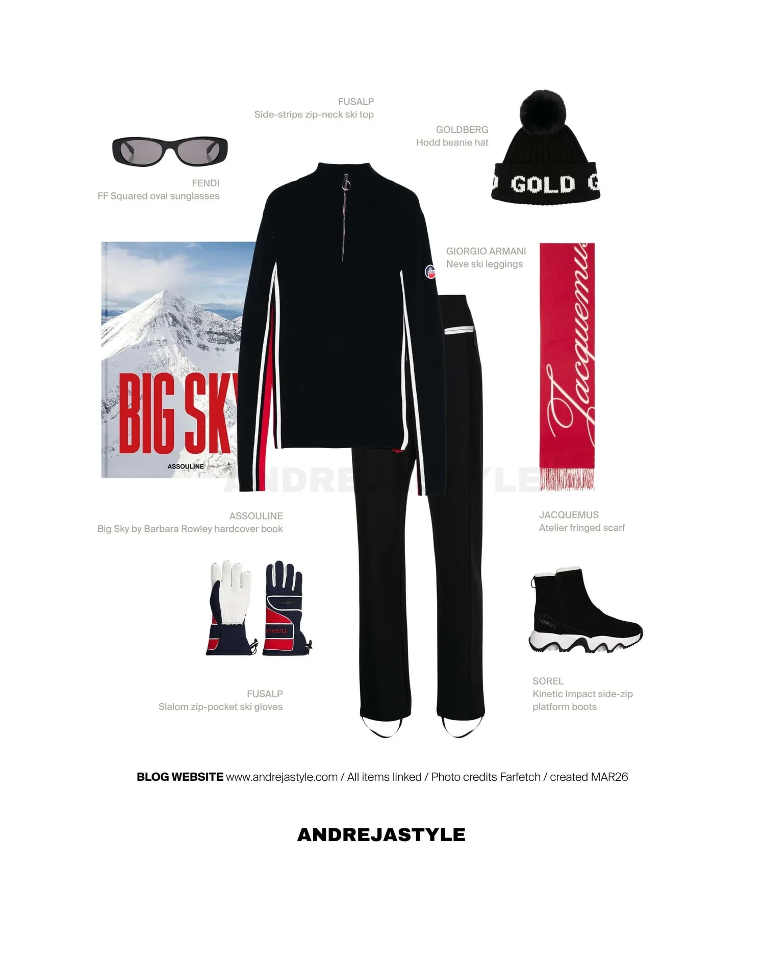 Stilski kolaž z izdelki: FUSALP Side-stripe zip-neck ski top, GIORGIO ARMANI Neve ski leggings, FUSALP Slalom zip-pocket ski gloves, SOREL Kinetic Impact side-zip platform boots, JACQUEMUS Atelier fringed scarf, GOLDBERG Hodd beanie hat, FENDI FF Squared oval sunglasses, ASSOULINE Big Sky by Barbara Rowley hardcover book