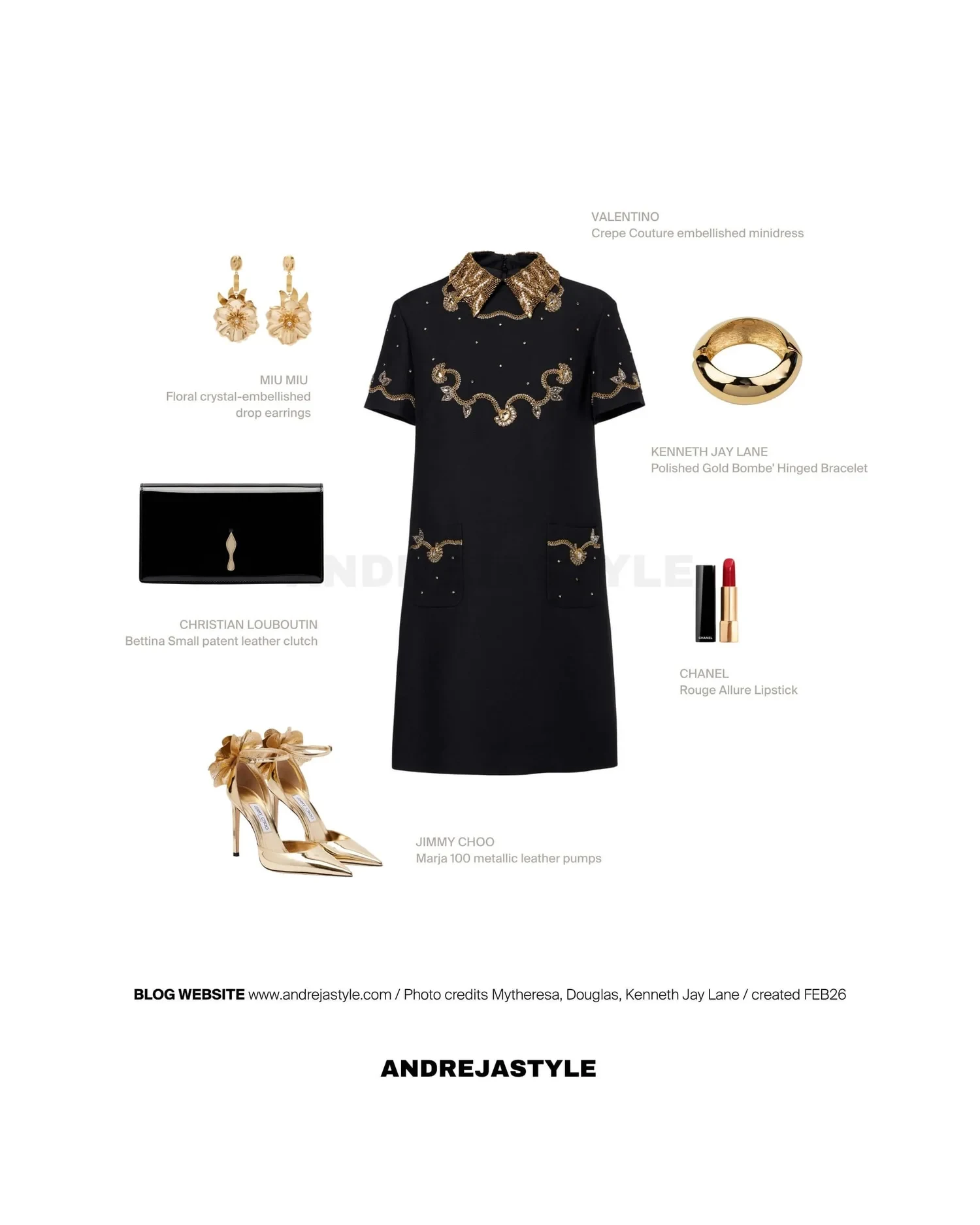 Stilski kolaž z izdelki: VALENTINO Crepe Couture embellished minidress, CHRISTIAN LOUBOUTIN Bettina Small leather clutch, JIMMY CHOO Marja 100 metallic leather pumps, MIU MIU Floral crystal-embellished drop earrings, KENNETH JAY LANE Polished Gold Bombe' Bracelet, CHANEL Rouge Allure Lipstick