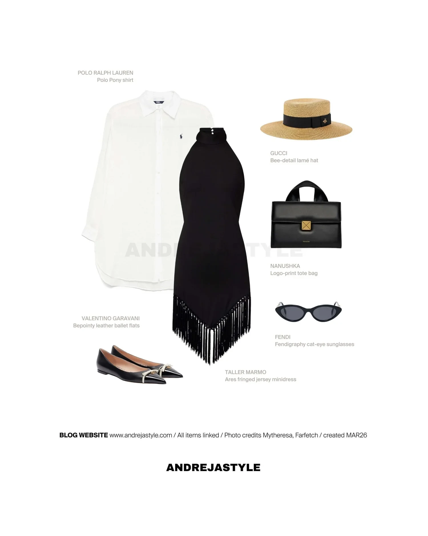 Stilski kolaž z izdelki: POLO RALPH LAUREN Polo Pony shir, TALLER MARMO Ares fringed jersey minidress, VALENTINO GARAVANI Bepointy leather ballet flats, NANUSHKA Logo-print tote bag, FENDI Fendigraphy cat-eye sunglasses