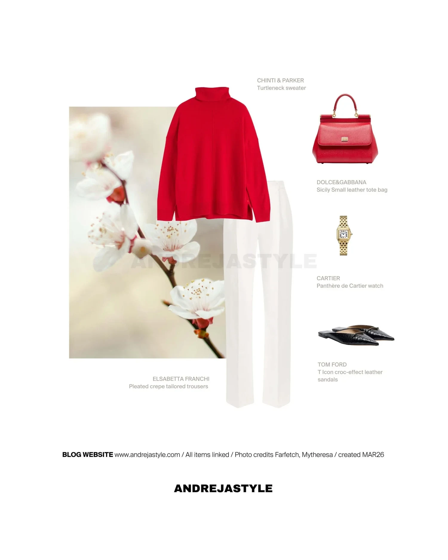Stilski kolaž z izdelki: CHINTI & PARKER Turtleneck sweater, ELSABETTA FRANCHI Pleated crepe tailored trousers, DOLCE&GABBANA Sicily Small leather tote bag, CARTIER Panthère de Cartier watch, TOM FORD T Icon croc-effect leather sandals