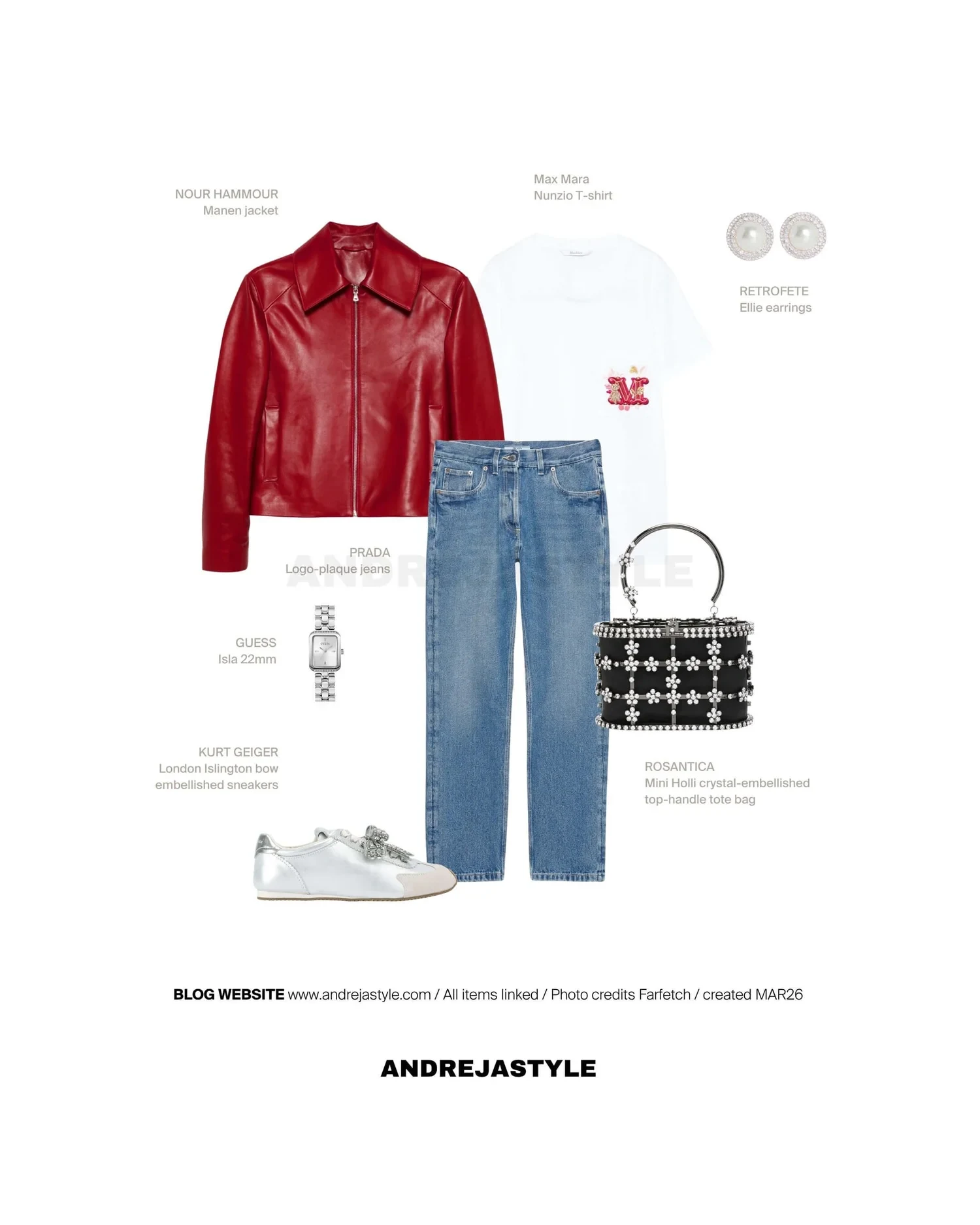 Stilski kolaž z izdelki: NOUR HAMMOUR Manen jacket, MAX MARA Nunzio T-shirt, PRADA Logo-plaque jeans, KURT GEIGER London Islington bow sneakers, RETROFETE Ellie earrings, GUESS Isla 22mm