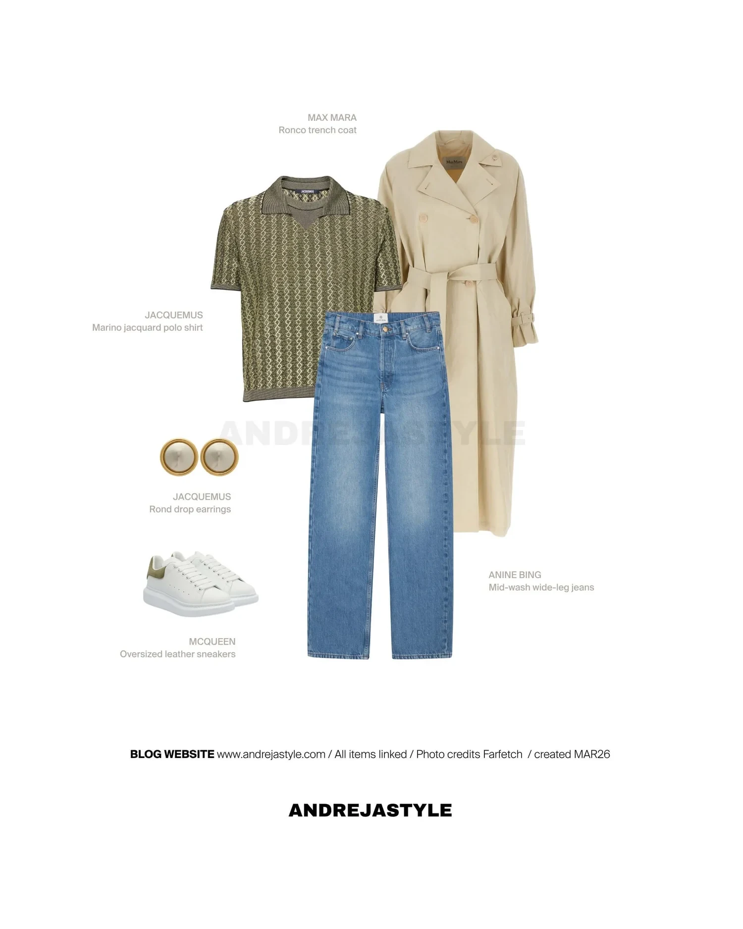 Stilski kolaž z izdelki: MAX MARA Ronco trench coat, JACQUEMUS Marino jacquard polo shirt, ANINE BING Mid-wash wide-leg jeans, JACQUEMUS Rond drop earrings, MCQUEEN Oversized leather sneakers